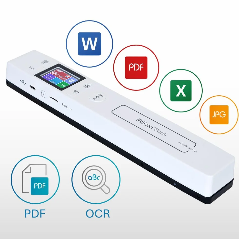 IRIScan Book 7 Scanner Portable sans Fil A4 Blanc, Scan Livres Documents PDF Word XLS, Carte SD, Windows Mac