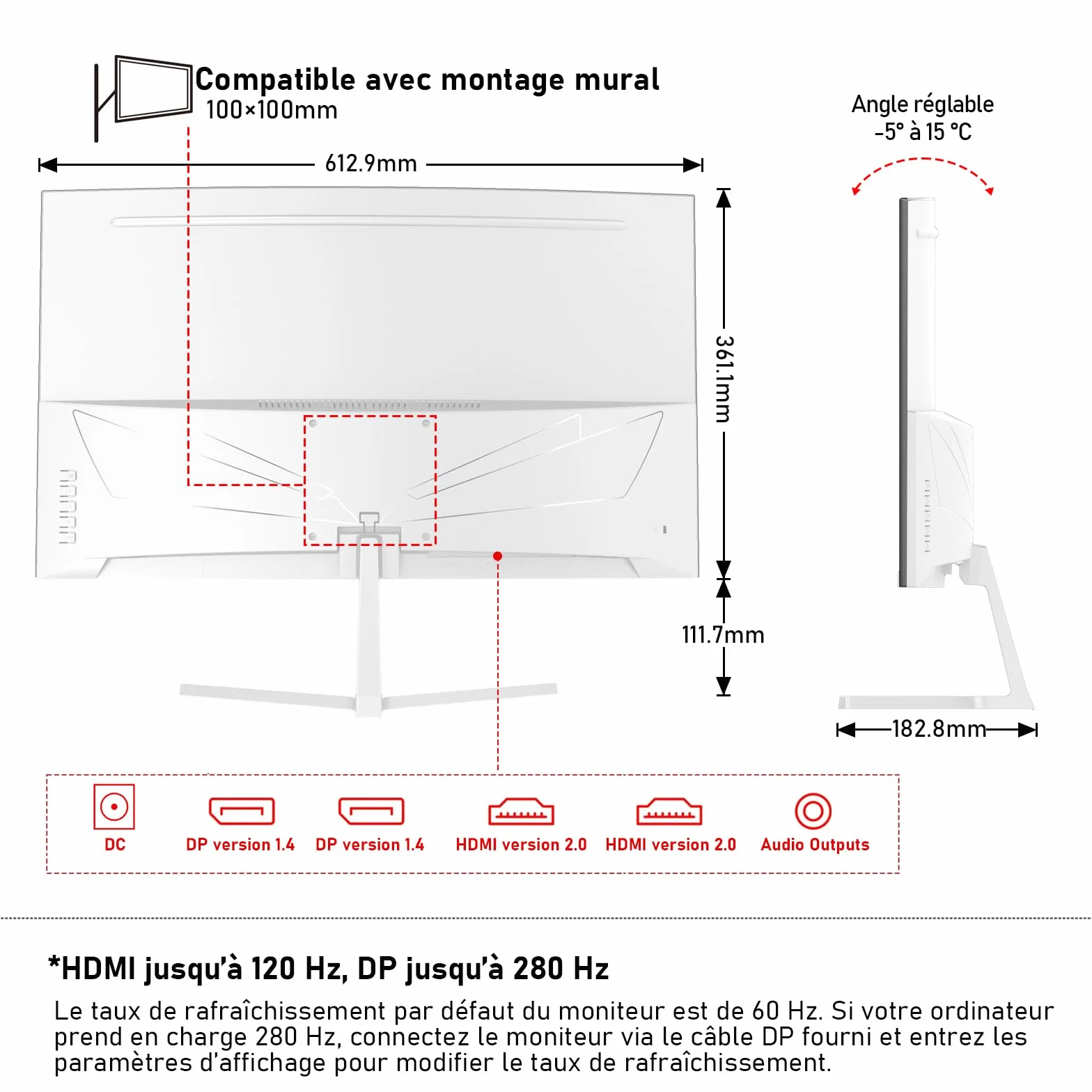 Gawfolk Écran PC 27 Pouces incurvé 280Hz Gaming Moniteur, 1800R, 1ms, FHD 1080p, HDMI, DisplayPort, 100x100mm Blanc