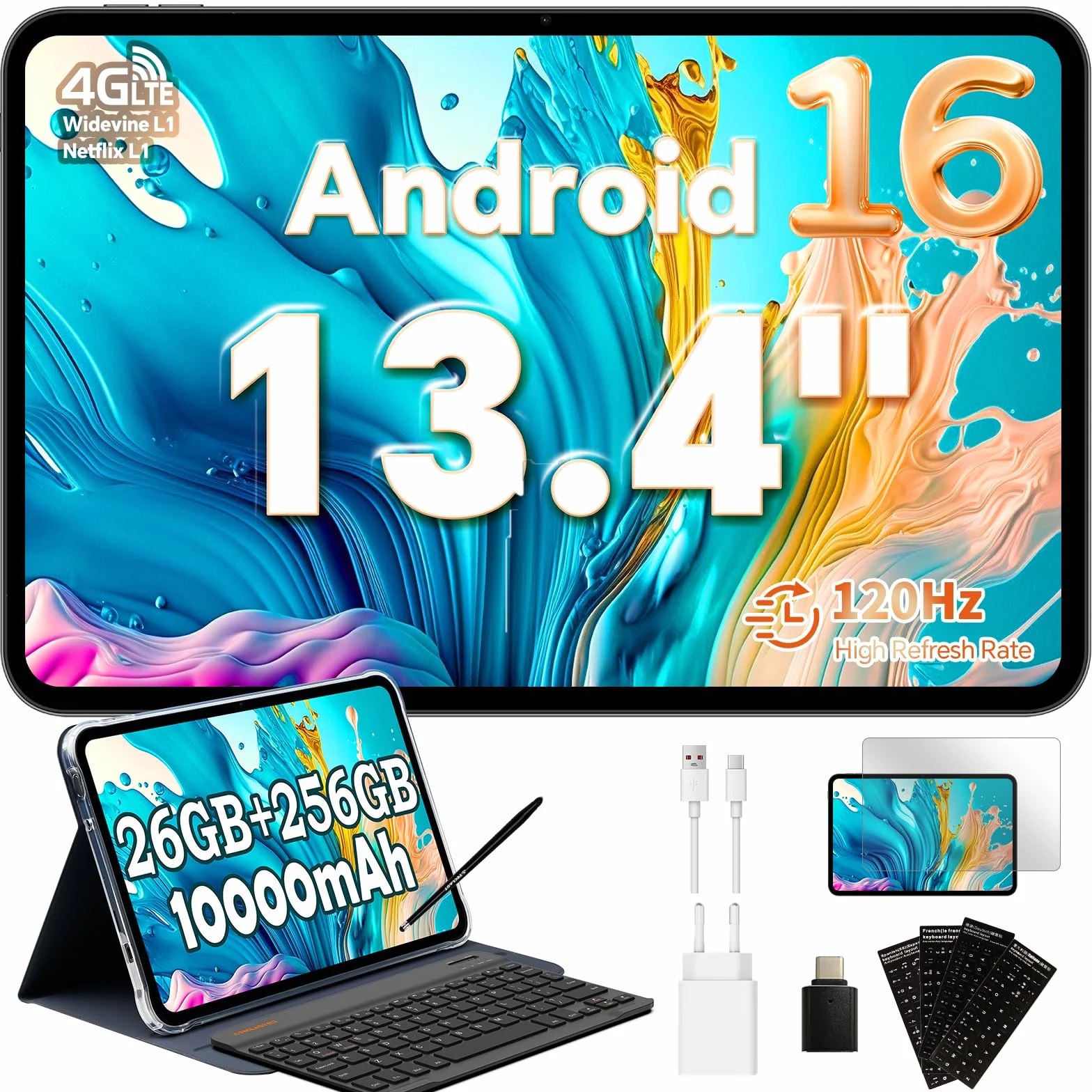 TECLAST T65 Tablette 13.4" Android 16 120Hz 256Go ROM 26Go RAM 4G LTE Dual SIM 5G WiFi GPS Widevine L1