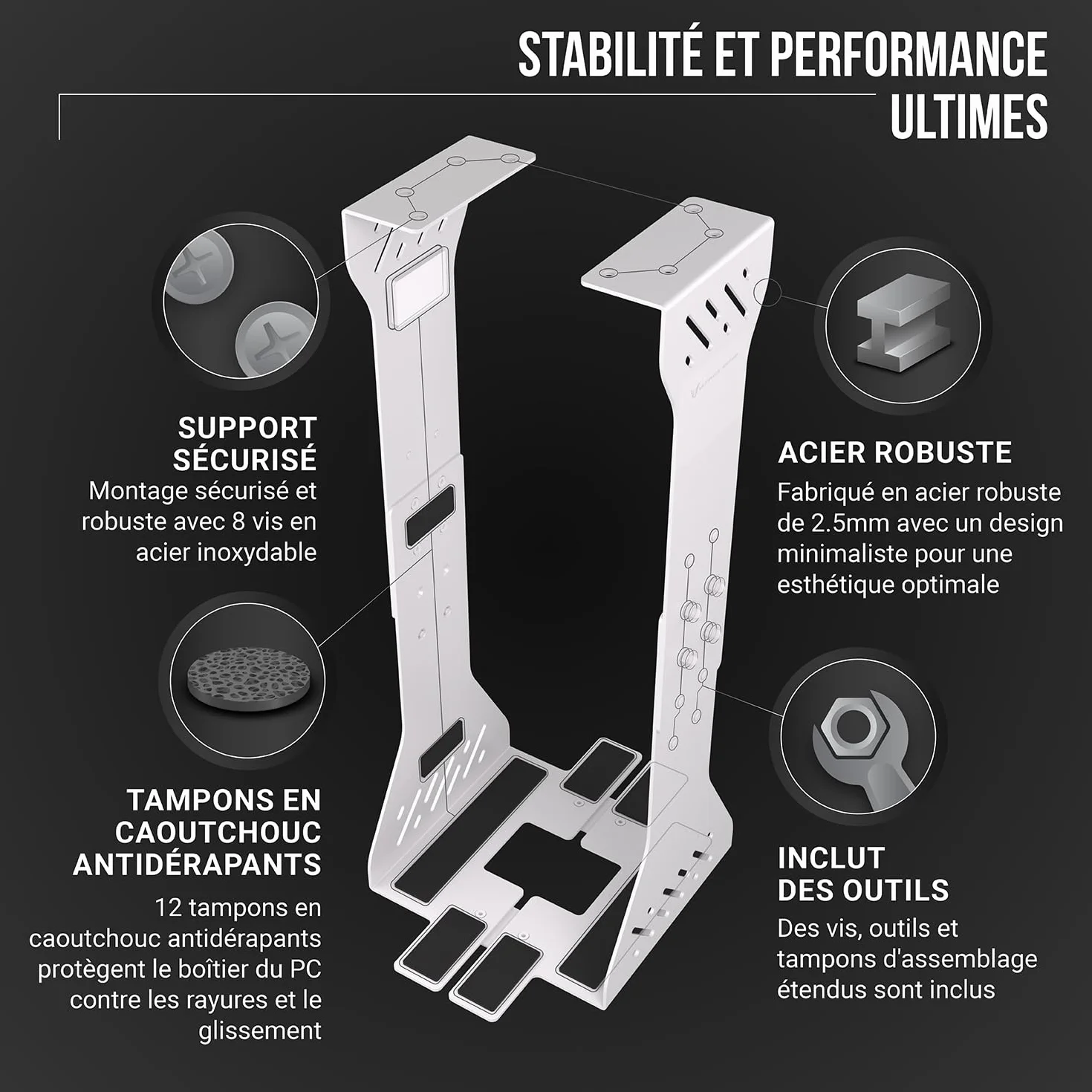 Support PC sous Bureau Charge Lourde 35 kg Fixe Adaptable Blanc