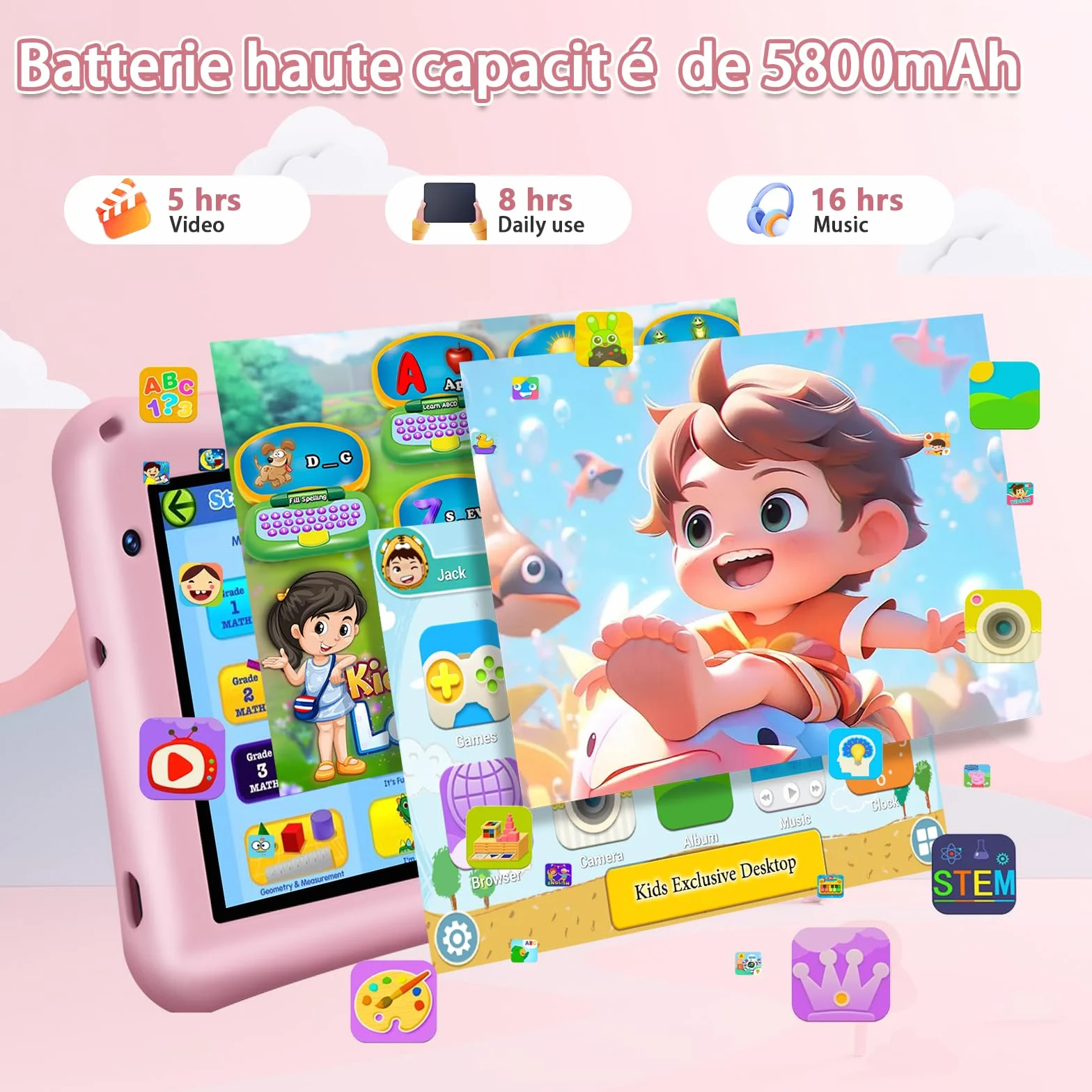 Tablette Enfant 7 Pouces Android 13 8Go RAM 64Go ROM Octa-Core 5800mAh Certifié Google Rose