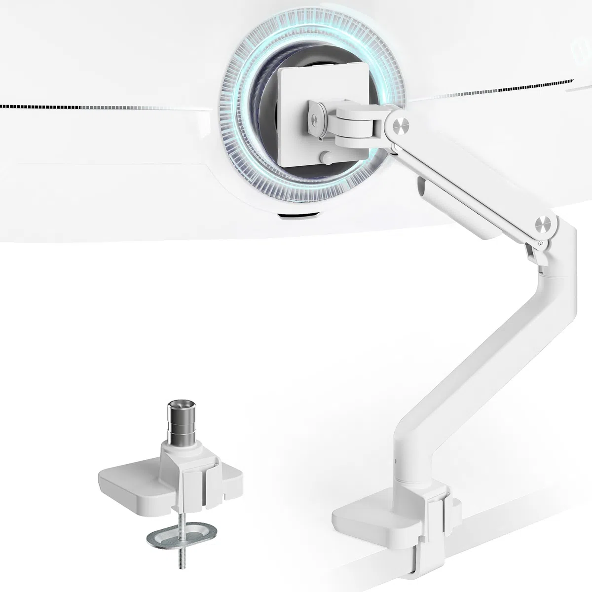 ARES WING Support d'écran pour écrans plats et incurvés de 17-49", bras de moniteur charge max. 20 kg, support de bureau avec ressort à gaz, hauteur réglable, VESA 75/100 mm, blanc