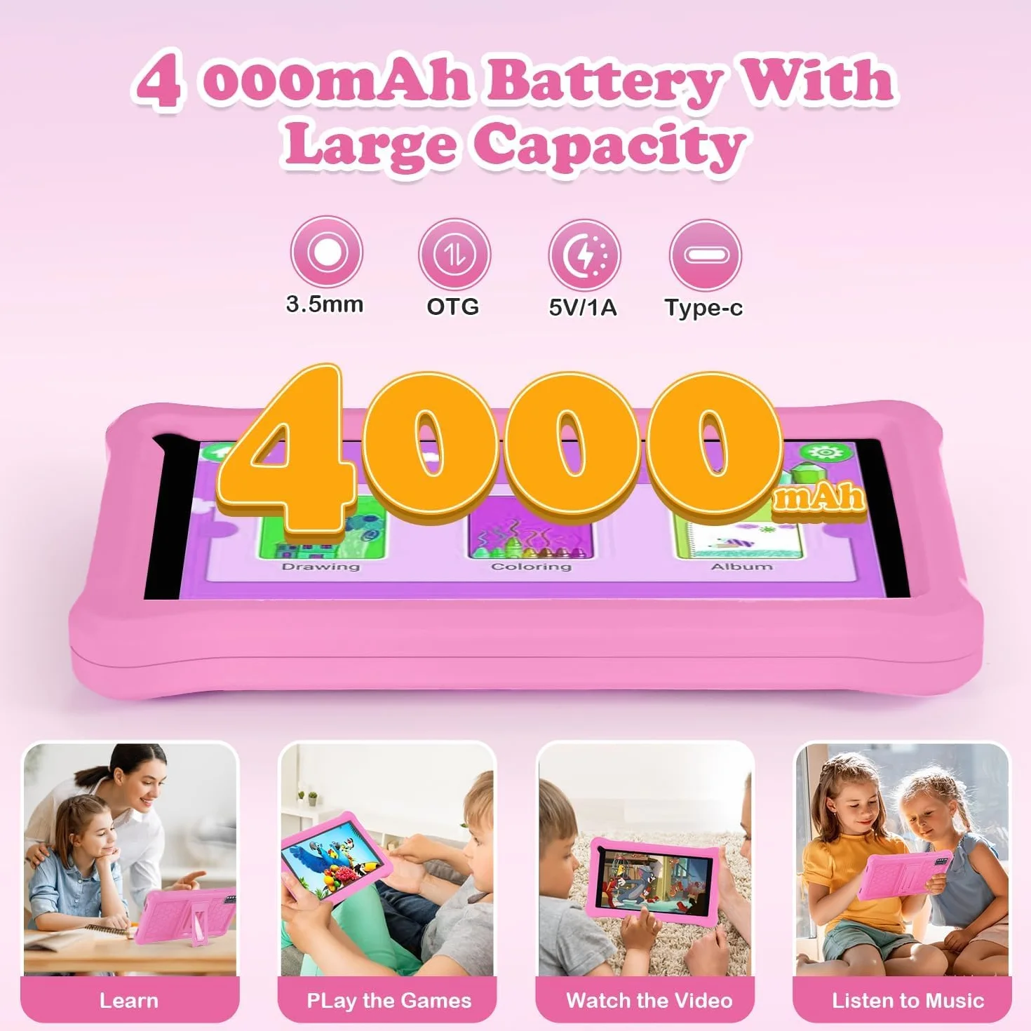 Tablette Enfants 7 Pouces Android Éducative 8Go RAM 64Go ROM TF 256Go Contrôle Parental Bluetooth WiFi Étui Antichoc EVA Rosa