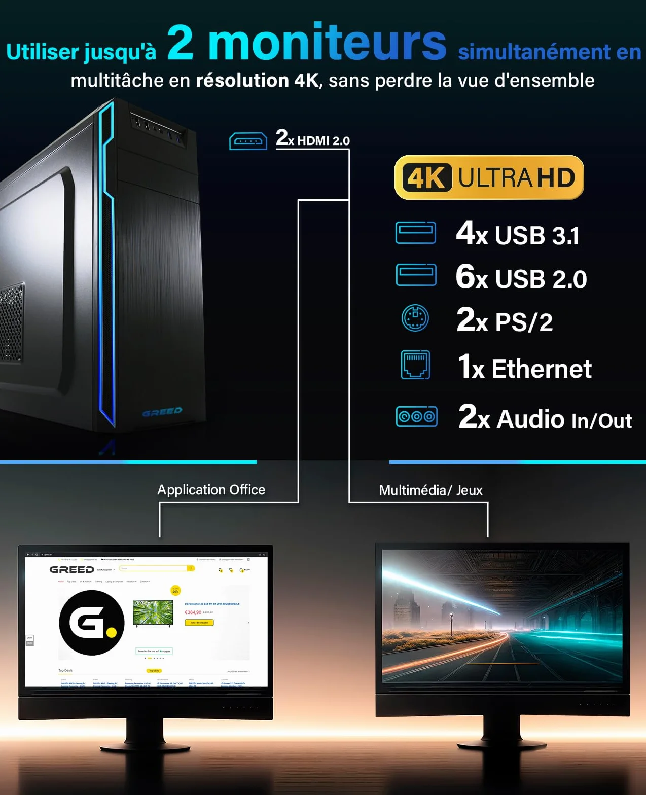 Greed PC Ultra V2 Intel Core i7 12700 4,9 GHz 16 Go RAM 1 TB SSD + 1 TB HDD DVD+RW USB3.1 Wi-Fi Windows 11 Pro