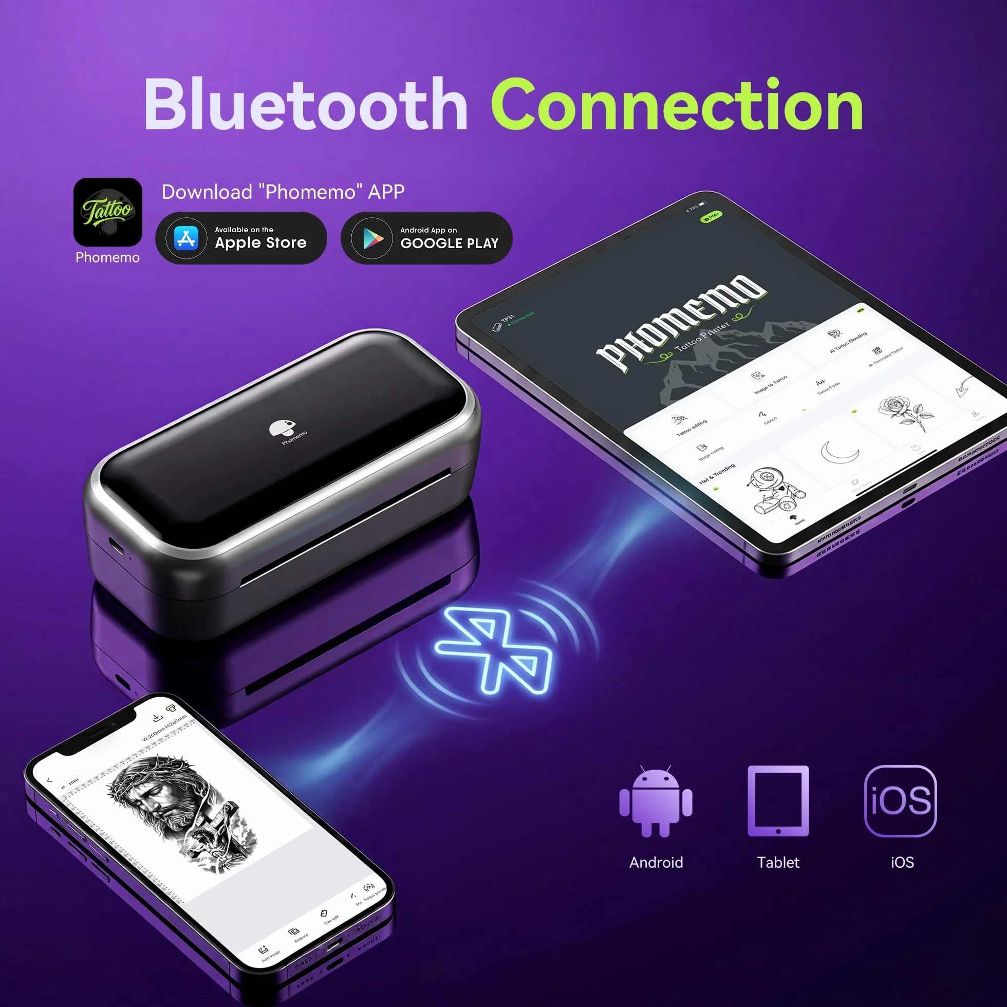 Phomemo TP31 Imprimante Tatouage avec 120 Feuilles Papier Transfert Compatible iOS Android