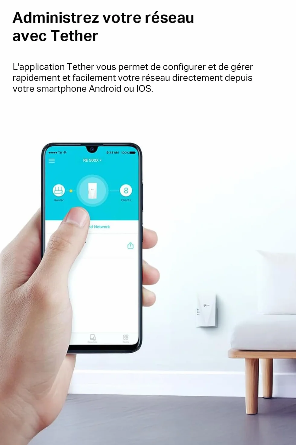 TP-Link Répéteur WiFi 6 RE500X, Amplificateur AX1500 Mbps, Port Ethernet Gigabit, 100 m²