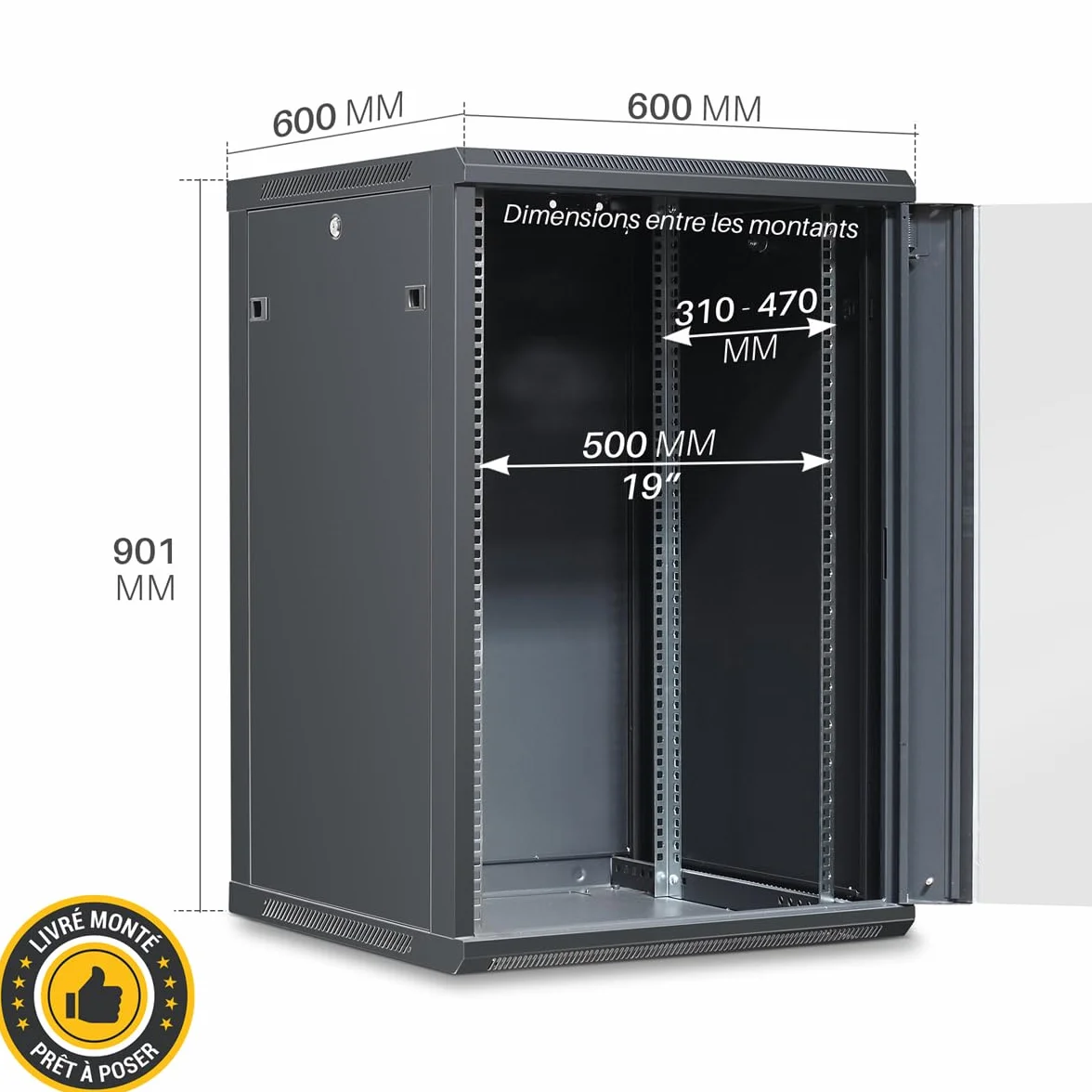 WAYTEX Coffret 19 Pouces 18U 600 x 600 mm Noir Porte vitrée à Serrure