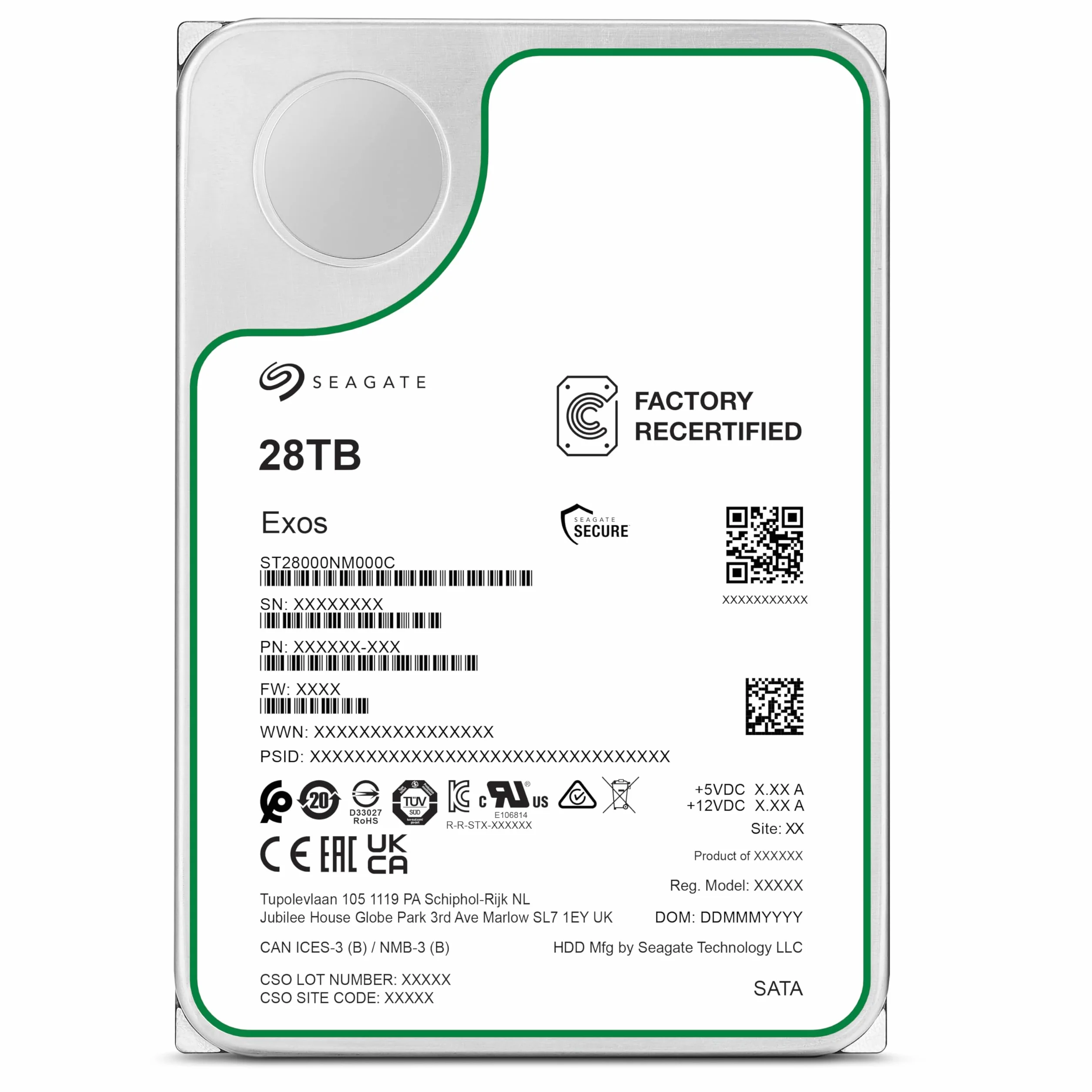 Seagate Exos 28To Disque dur ST28000NM000C 3.5" HDD SATA 6 Gb/s 7200 tr/min 512 Mo cache Reconditionné