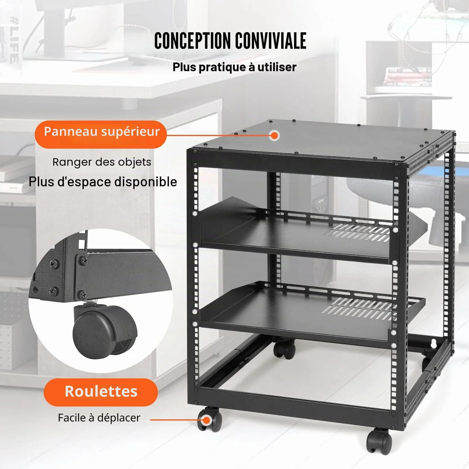 VEVOR Rack de Serveur à Cadre Ouvert 12U Support Mural Profondeur Réglable 58,5-101,6 cm 4 Montants Roulettes
