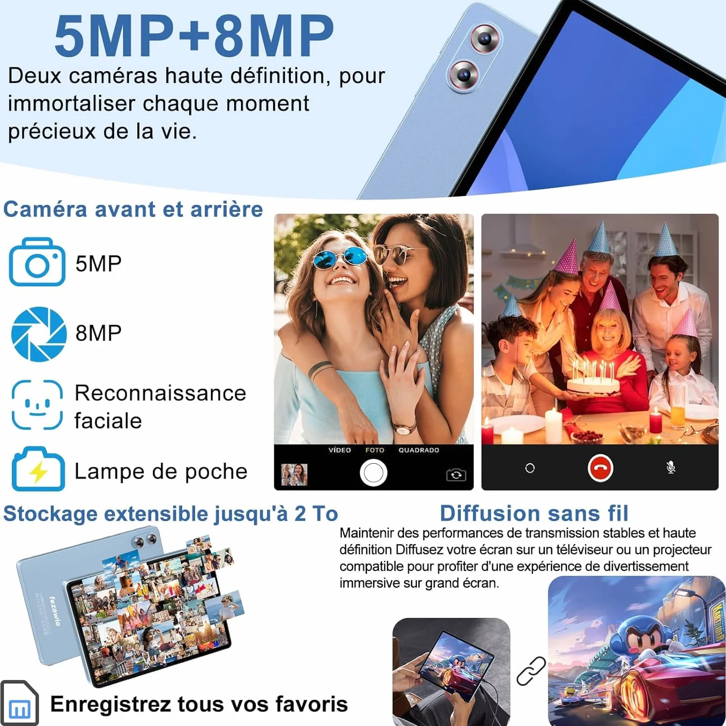 Tablette Android 15 Gemini AI 10,1 Pouces 30Go RAM 128Go ROM Octa-Core 8000mAh Wi-Fi 6 Bleu