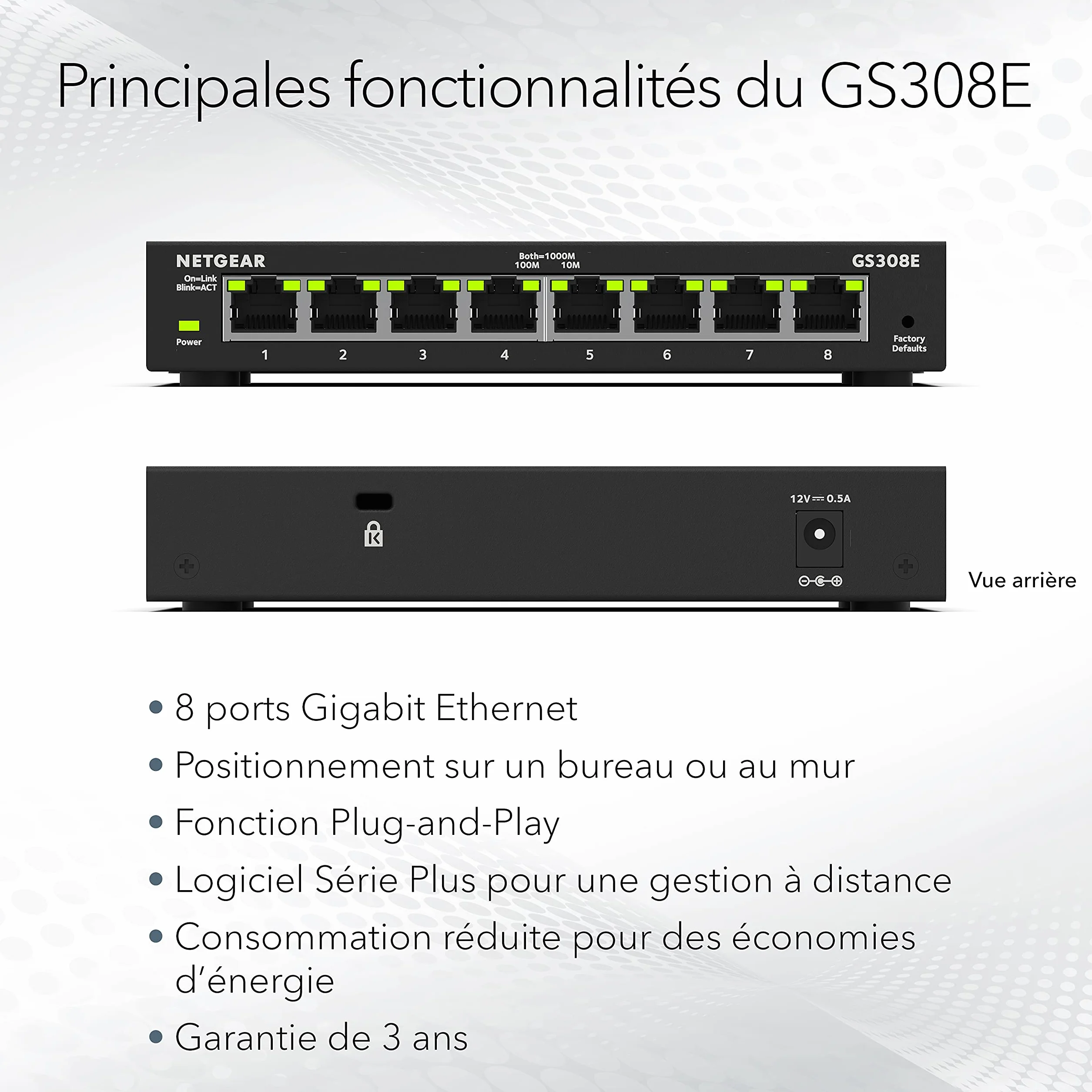 NETGEAR GS308EV4 Switch Ethernet 8 Ports RJ45 Métal Gigabit 10/100/1000 Web Manageable Plus Plug-and-Play Silencieux