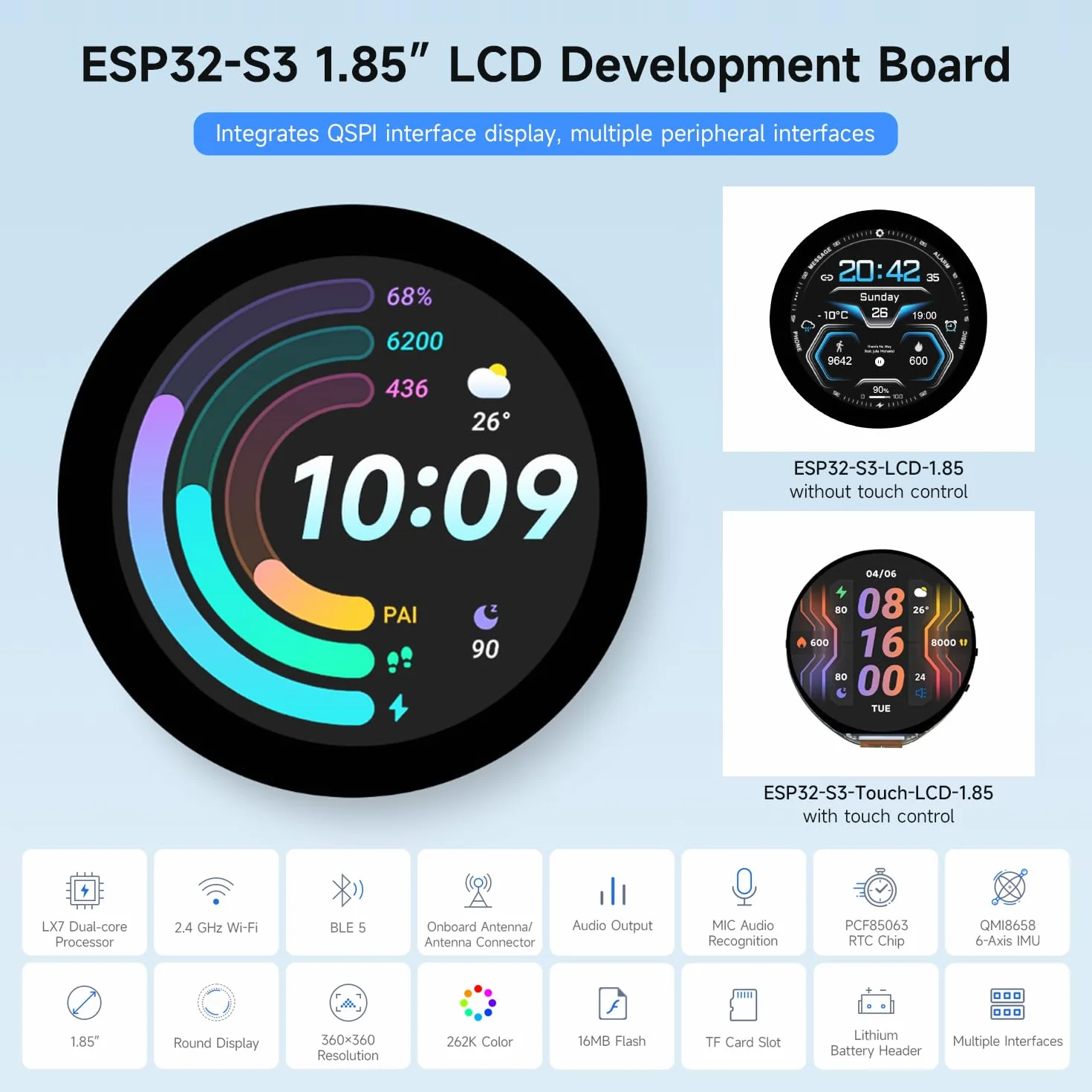 Waveshare ESP32-S3 1.85inch Display Development Board 360x360 32-Bit LX7 Dual-Core Processor 240MHz WiFi BT Accelerometer Gyroscope Sensor