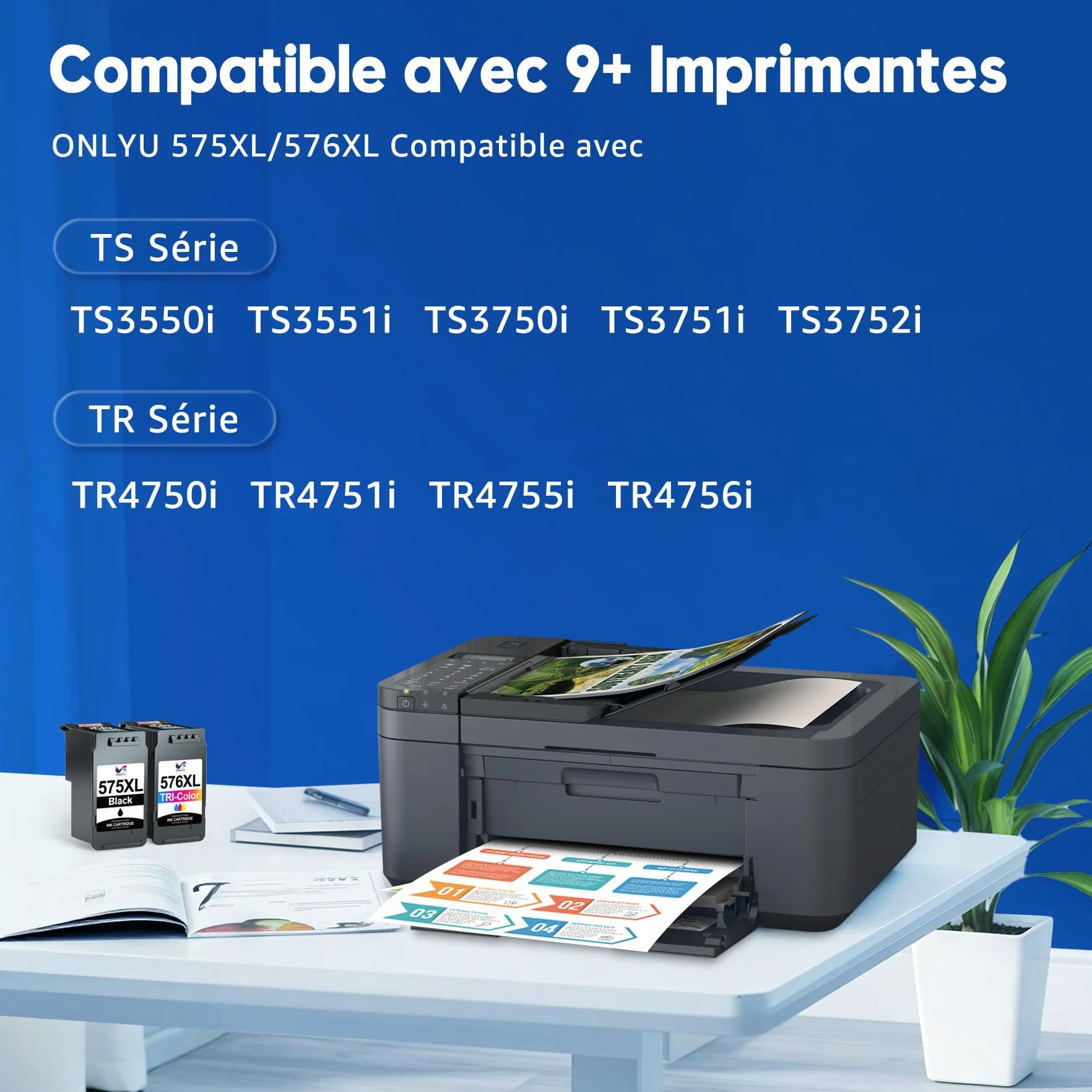 Cartouche d'encre ONLYU 575XL 576XL pour Canon PIXMA TS3750i TR4755i (Noir, Couleur)