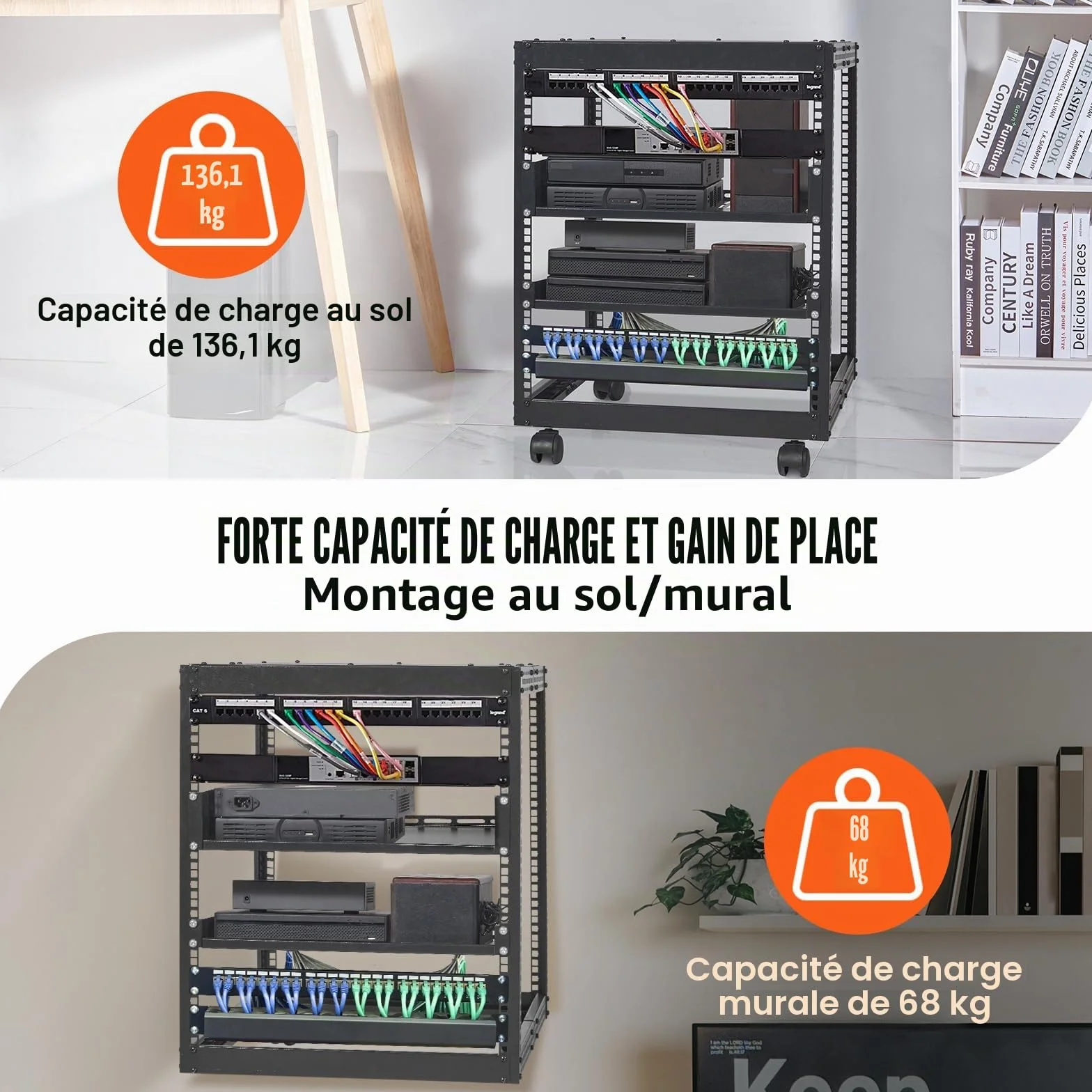 VEVOR Rack de Serveur à Cadre Ouvert 12U Support Mural Profondeur Réglable 58,5-101,6 cm 4 Montants Roulettes