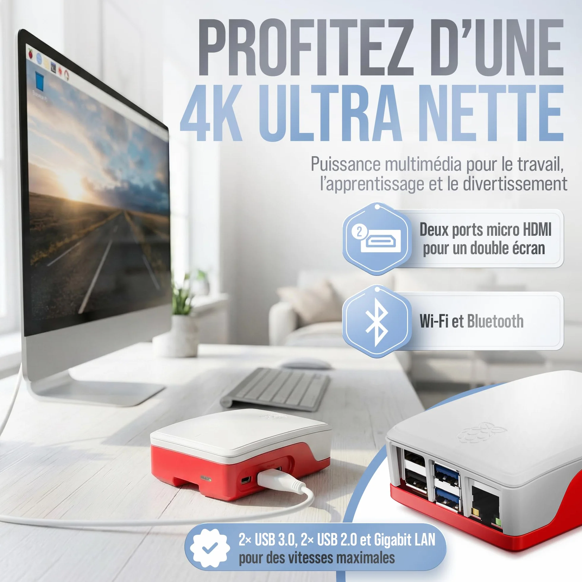 Raspberry Pi 5 1 Go Starter Kit Édition 64 Go Alimentation 27 W Boîtier Ventilateur Micro HDMI 4K Dissipateur alu