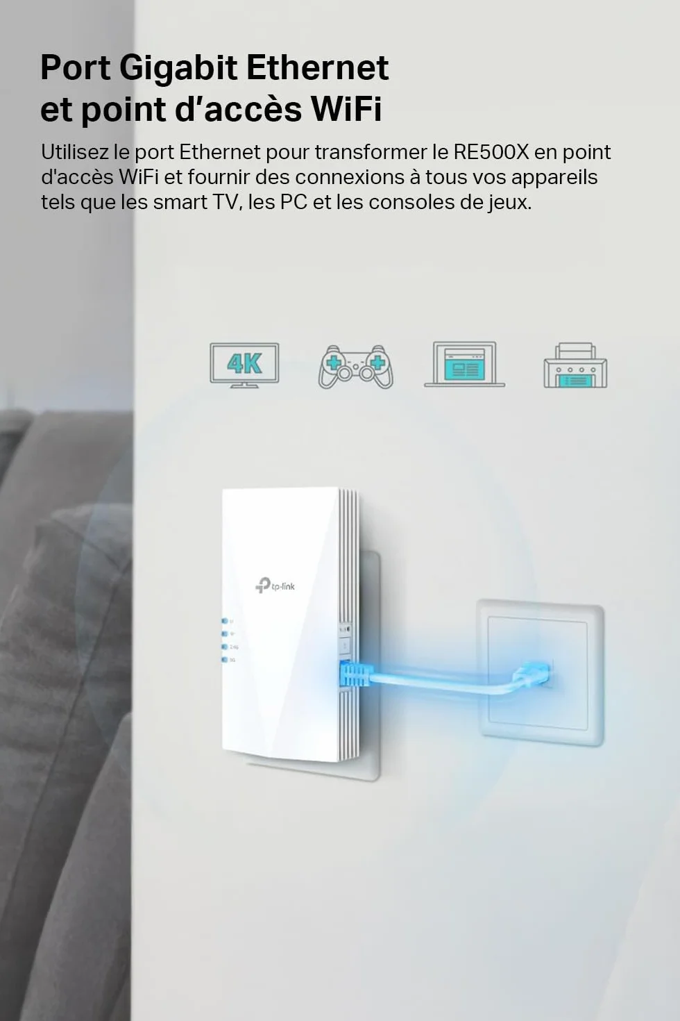 TP-Link Répéteur WiFi 6 RE500X, Amplificateur AX1500 Mbps, Port Ethernet Gigabit, 100 m²