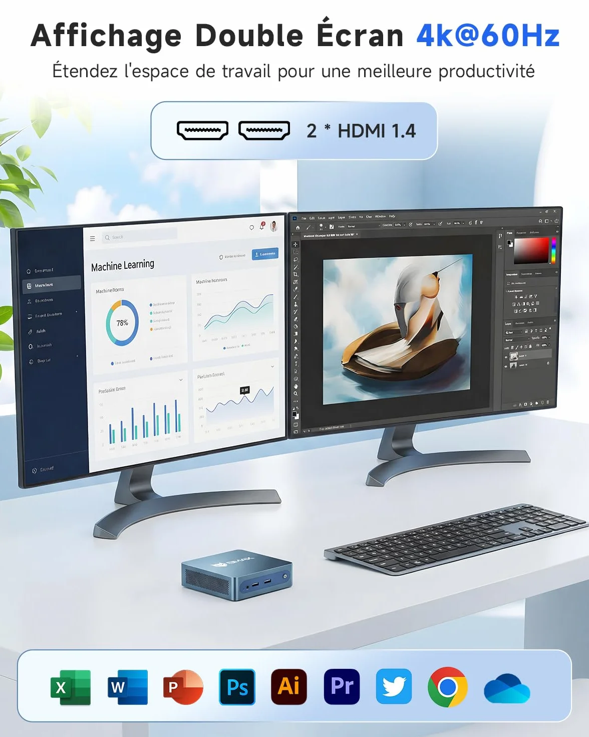 BMAX B1Plus Mini PC Win 11 Intel Celeron J3355 6 Go LPDDR3 RAM 128 Go eMMC SSD Ordinateur Bureau Double écran WiFi 5 BT5.0