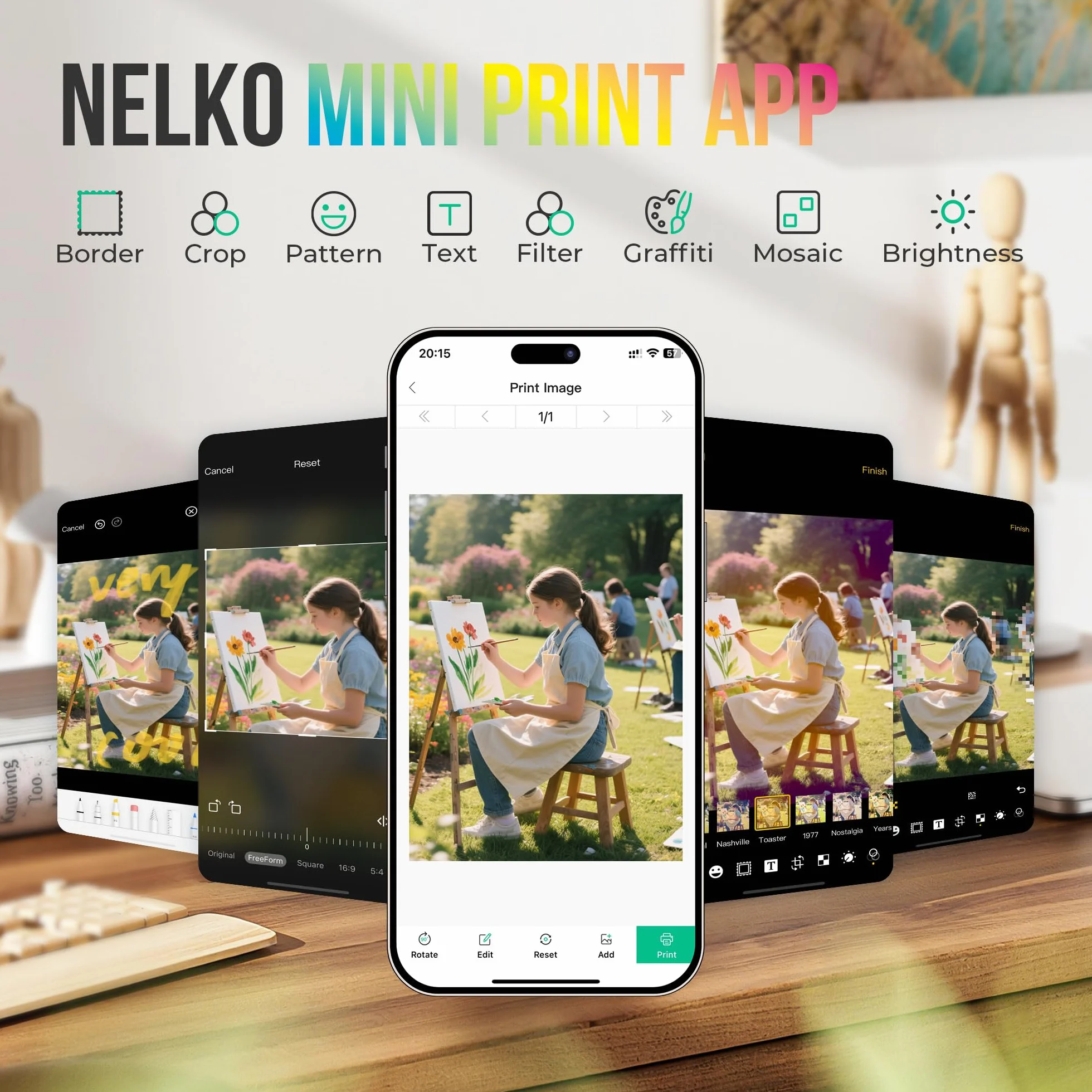 Nelko PP01 Imprimante Photo Mini Jet d'Encre Autocollante Bluetooth 20 Feuilles Papier Photo Blanc