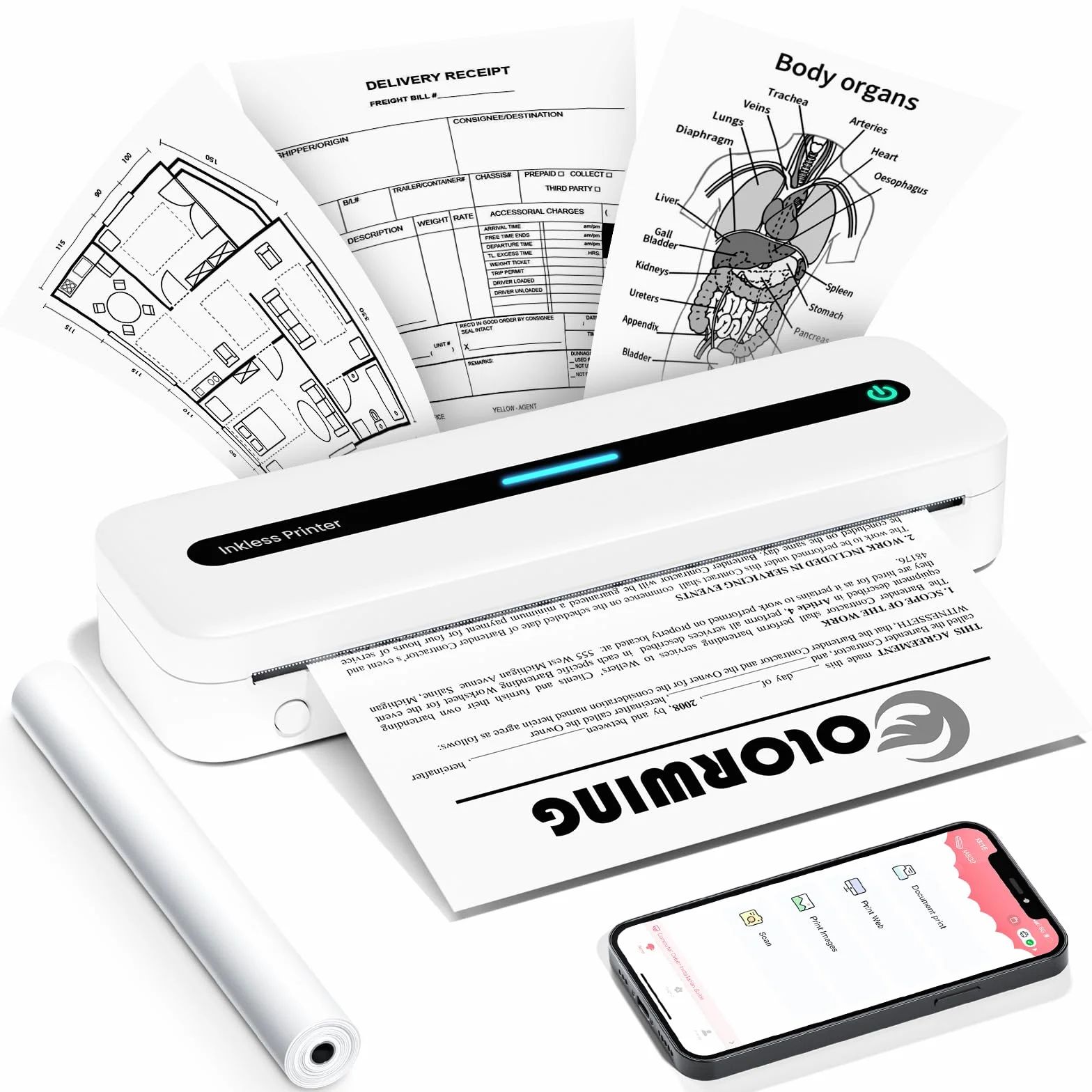 COLORWING M832 Imprimante Thermique A4 300 DPI Bluetooth Portable sans Encre