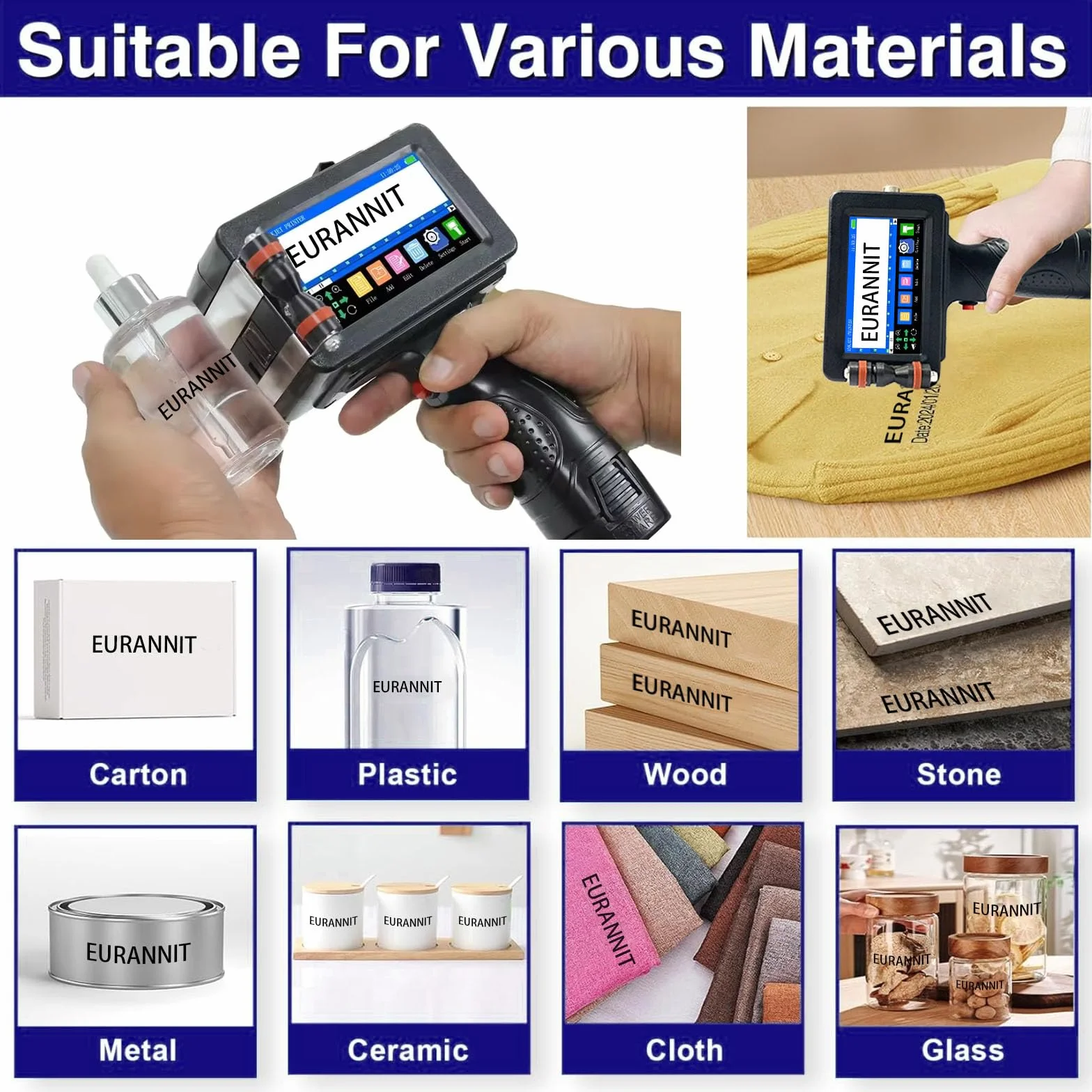 Imprimante à Jet d'encre Portable E16 ER520, buse 0.5", Code à Barres Date Logo Numéro de lot, Carton Tissu Bois Plastique Métal Verre