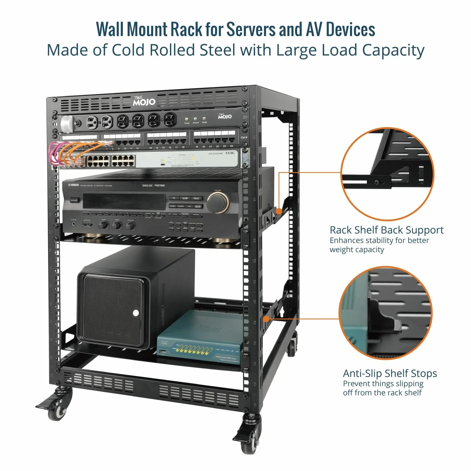 Tecmojo Rack Réseau 19 Pouces 16U à Structure Ouverte, Armoire 4 Montants avec Roulettes, Noir