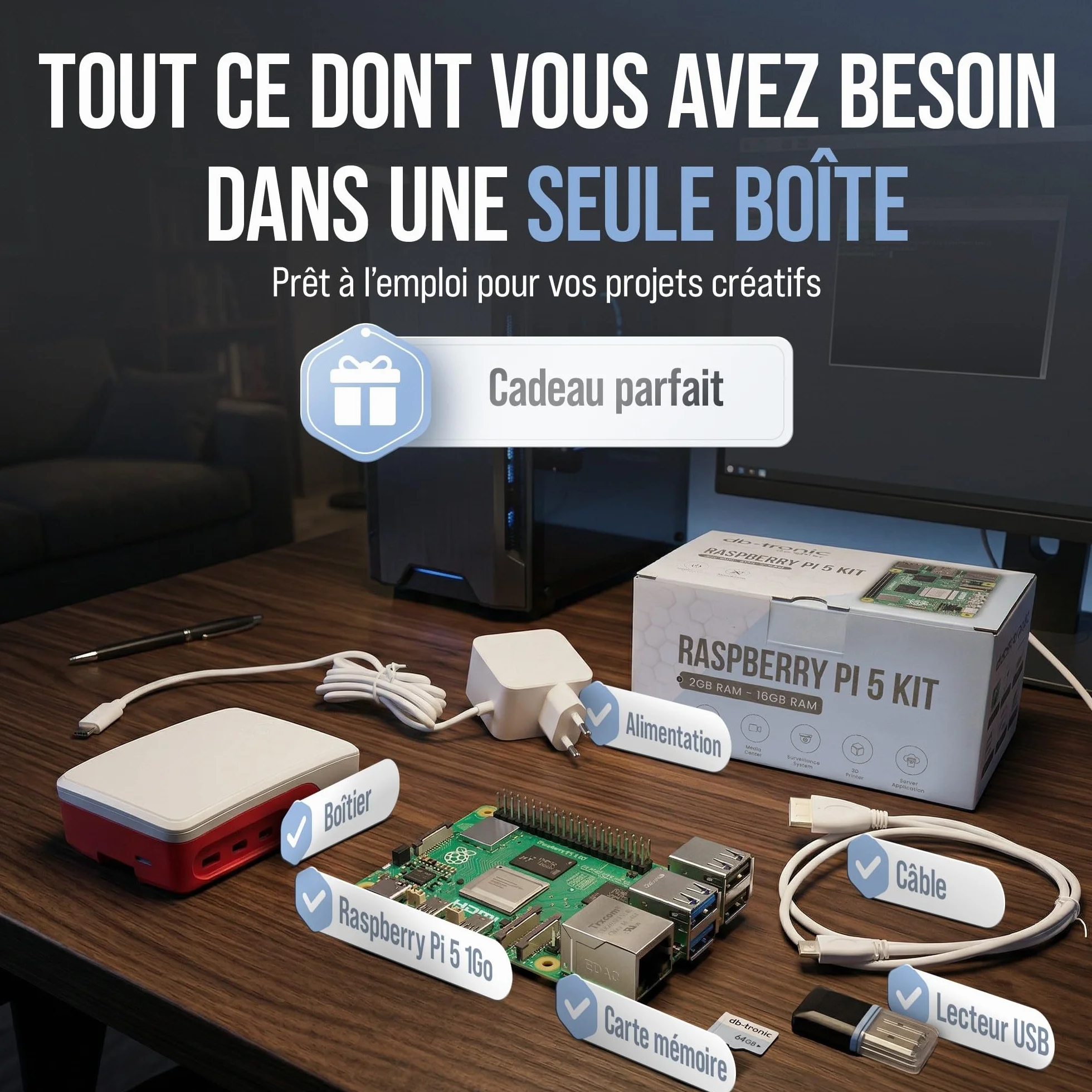 Raspberry Pi 5 1 Go Starter Kit Édition 64 Go Alimentation 27 W Boîtier Ventilateur Micro HDMI 4K Dissipateur alu