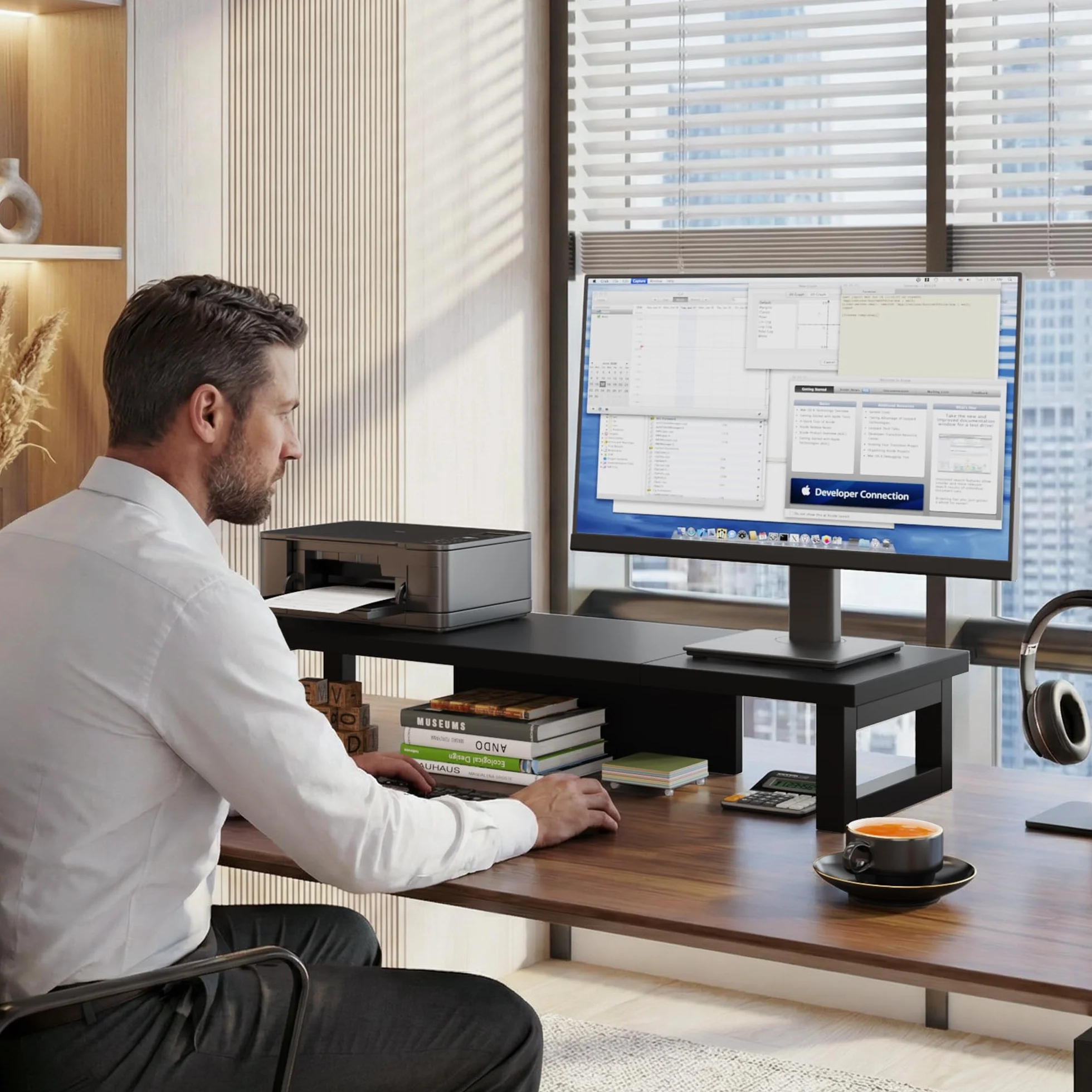 Rehausseur Ecran 91x26cm Support Double Ecran PC Bureau Ordinateur Noir