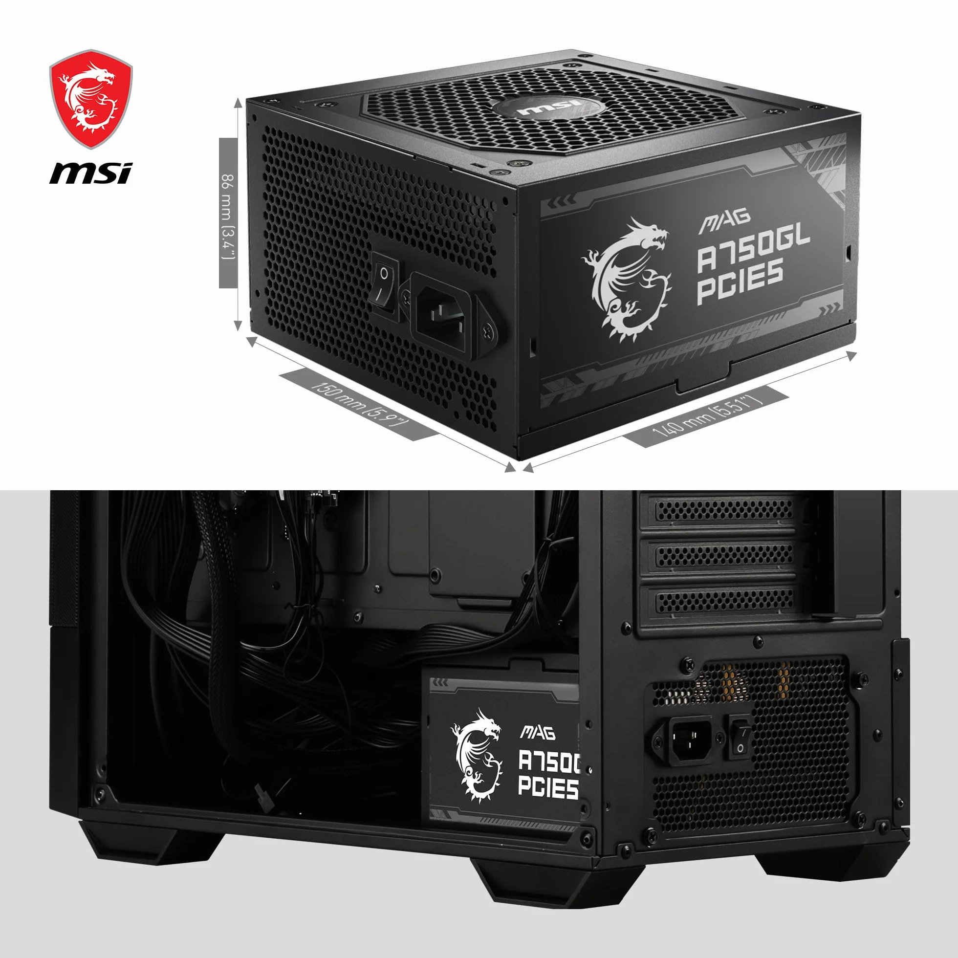 MSI MAG A750GL PCIE5 Alimentation 750W 80 Plus Gold Modulaire ATX 3.0 PCIe 5.0 Ventilateur 120mm