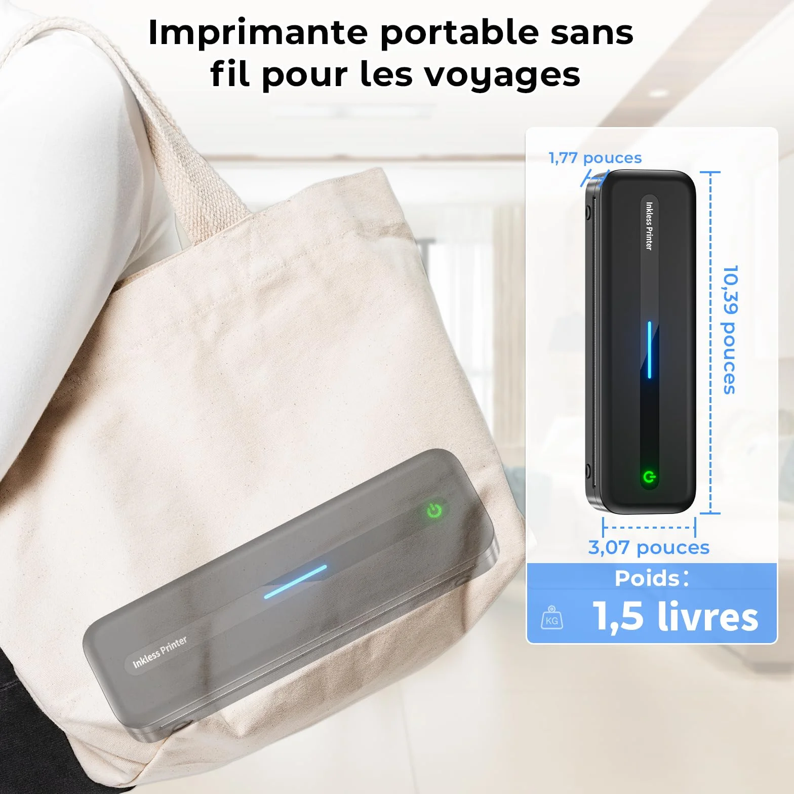 Imprimante Thermique A4 Portable Bluetooth 300 dpi sans Encre pour Voyage