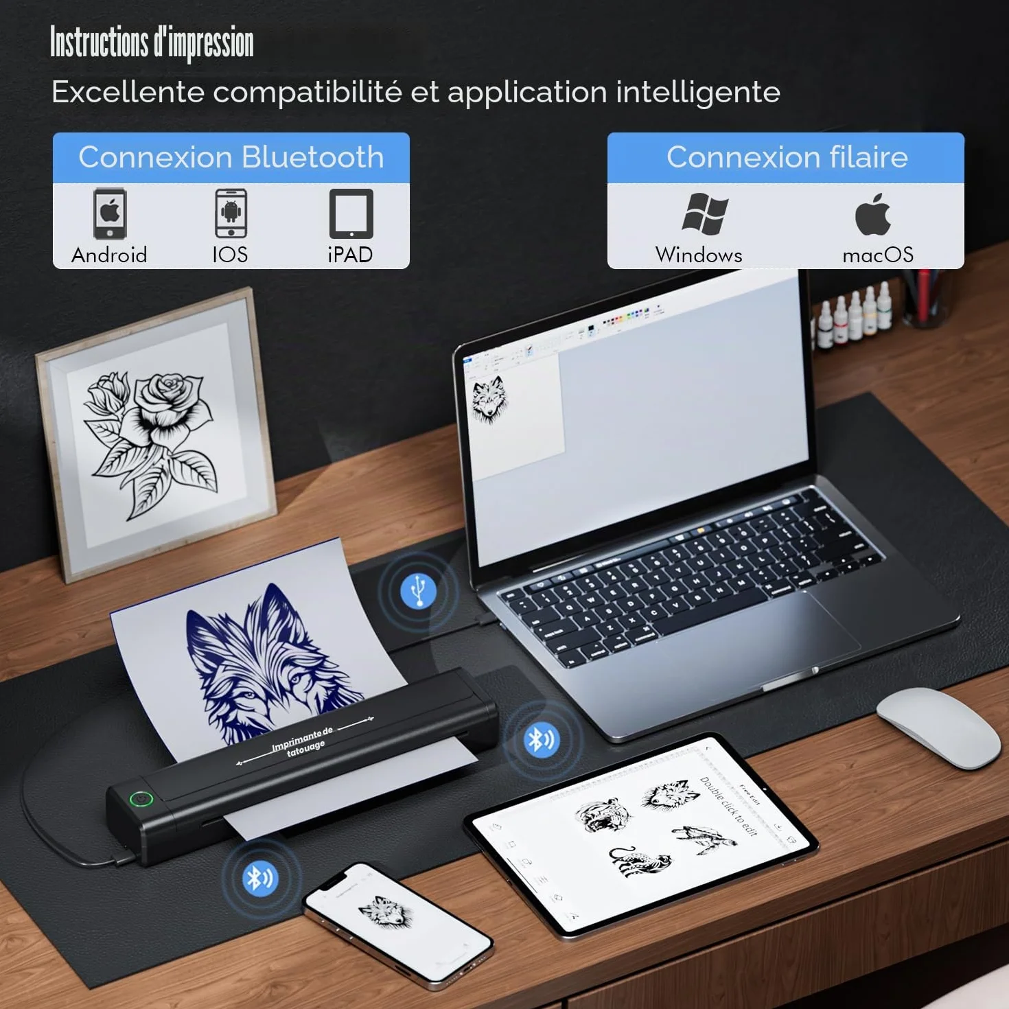 TATELF Machine à Stencil Tatouage sans Fil Bluetooth avec 10 Papiers Transfert pour Artistes Débutants H1