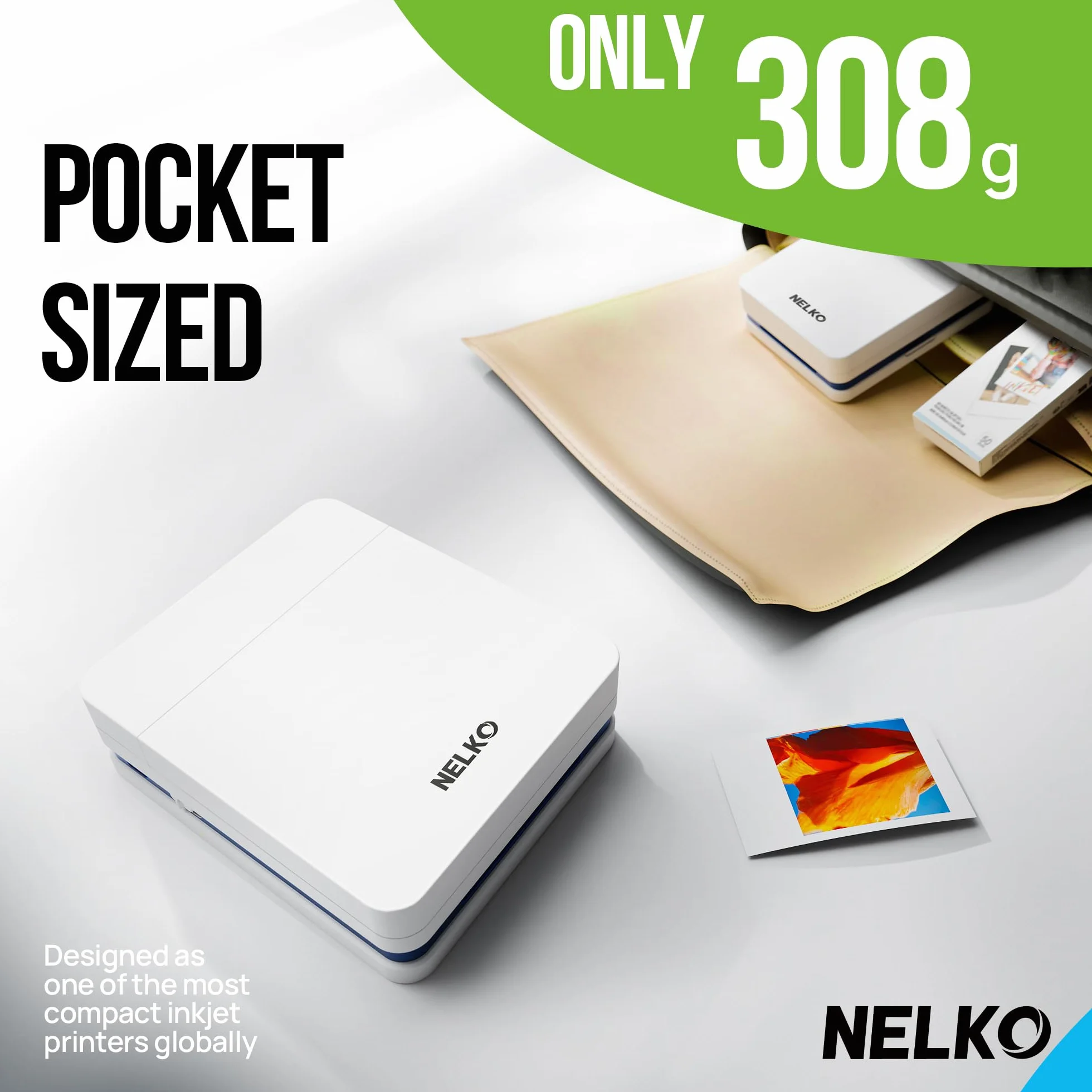 Nelko PP01 Imprimante photo portable avec 100 feuilles de papier, cartouche d'encre, impression adhésive pour iOS/Android, mini imprimante de poche