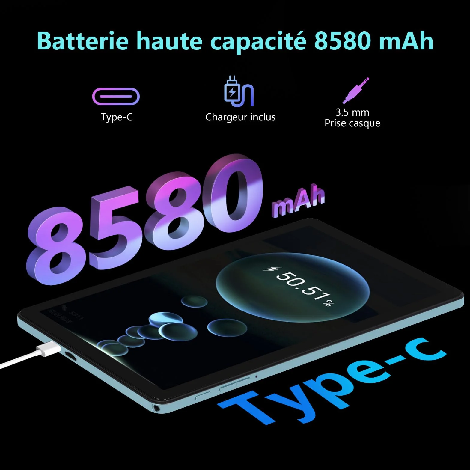Tablette 10 Pouces Android 15 20Go RAM 128Go ROM 8580 mAh Batterie Octo-Cœur 5G WiFi Tactile 5+13MP Caméra Bluetooth Bleu