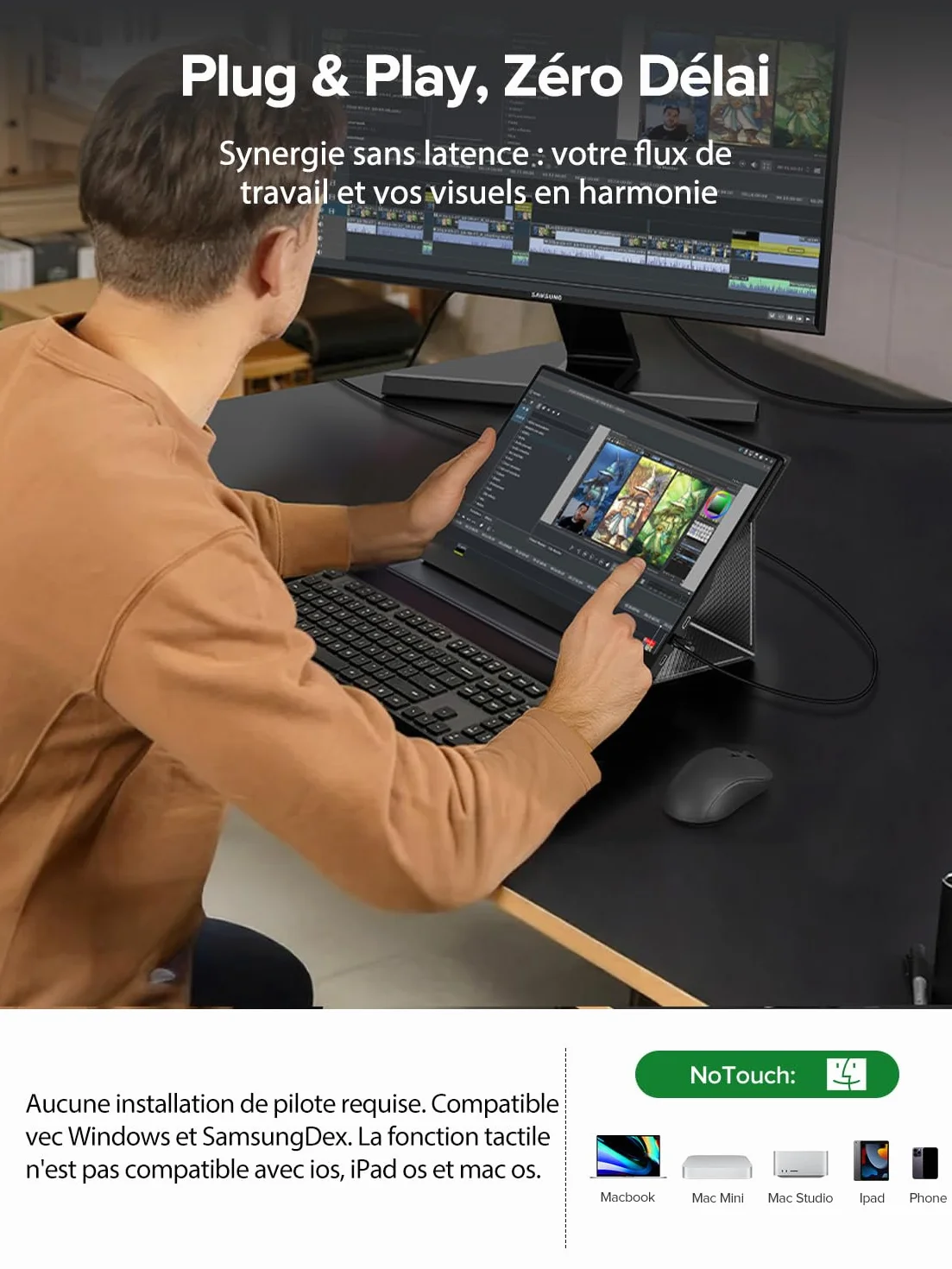 UPERFECT Écran Tactile Portable 15.6" 125% sRGB 2000:1 Contraste 1080P Moniteur Portable avec Étui en Cuir, Double USB C, Compatible VESA