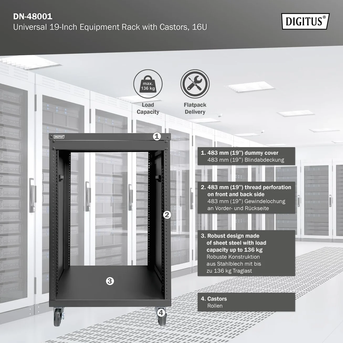 DIGITUS DN-48001 Rack Audio 19 Pouces 16U Universel Charge maximale 136 kg avec roulettes Noir