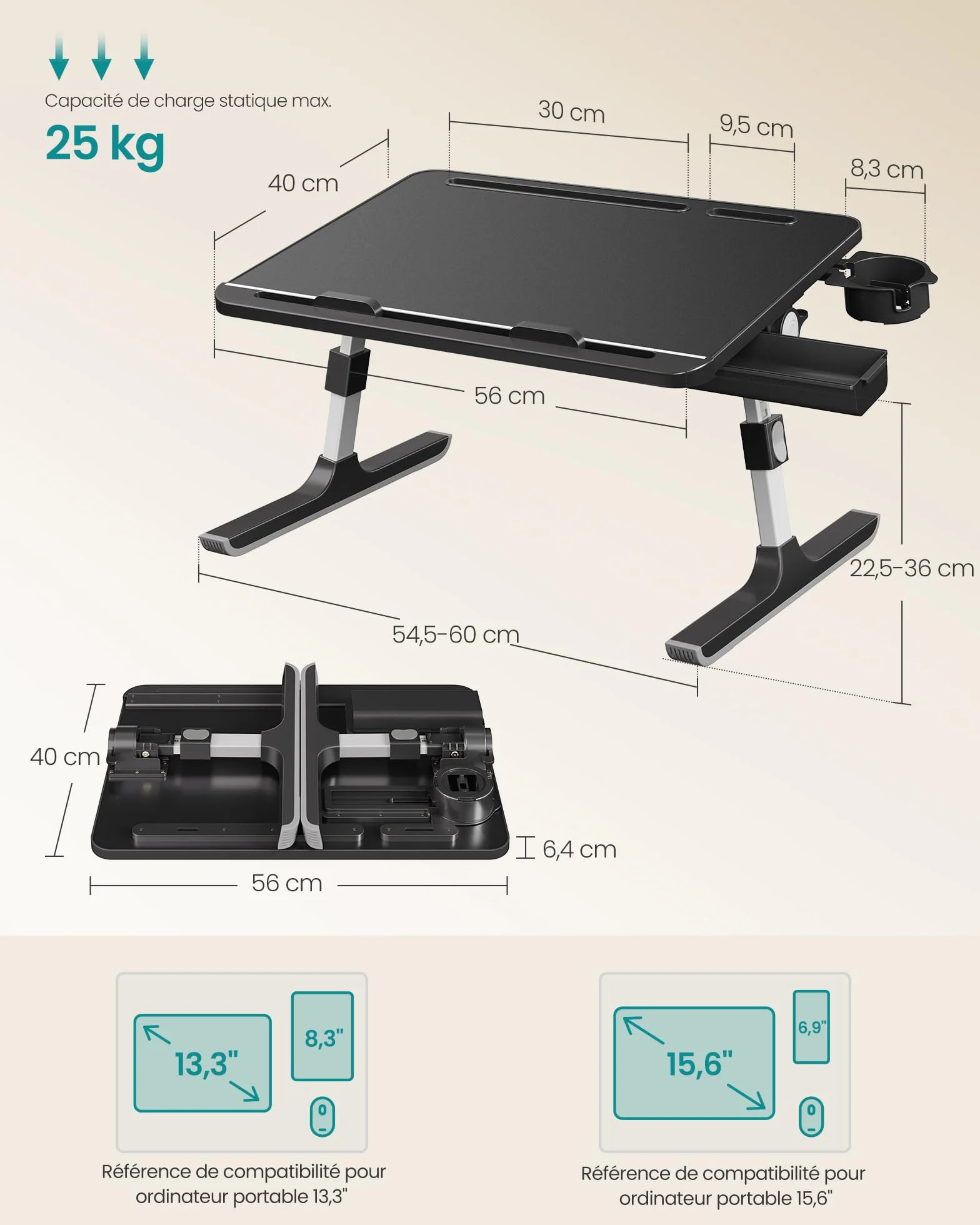 SONGMICS Table de Lit Pliable Plateau 56 x 40 cm Hauteur Réglable Inclinaison 120° Noir d’Encre