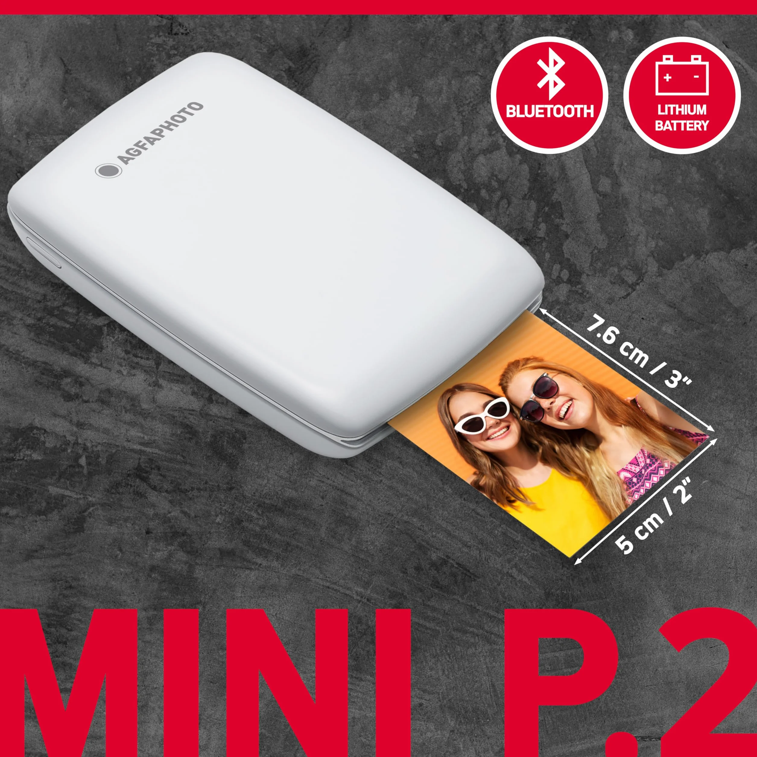 AgfaPhoto Mini P.2 Imprimante Portable Zink Photos Instantanées 5x7,6 cm Bluetooth Blanc