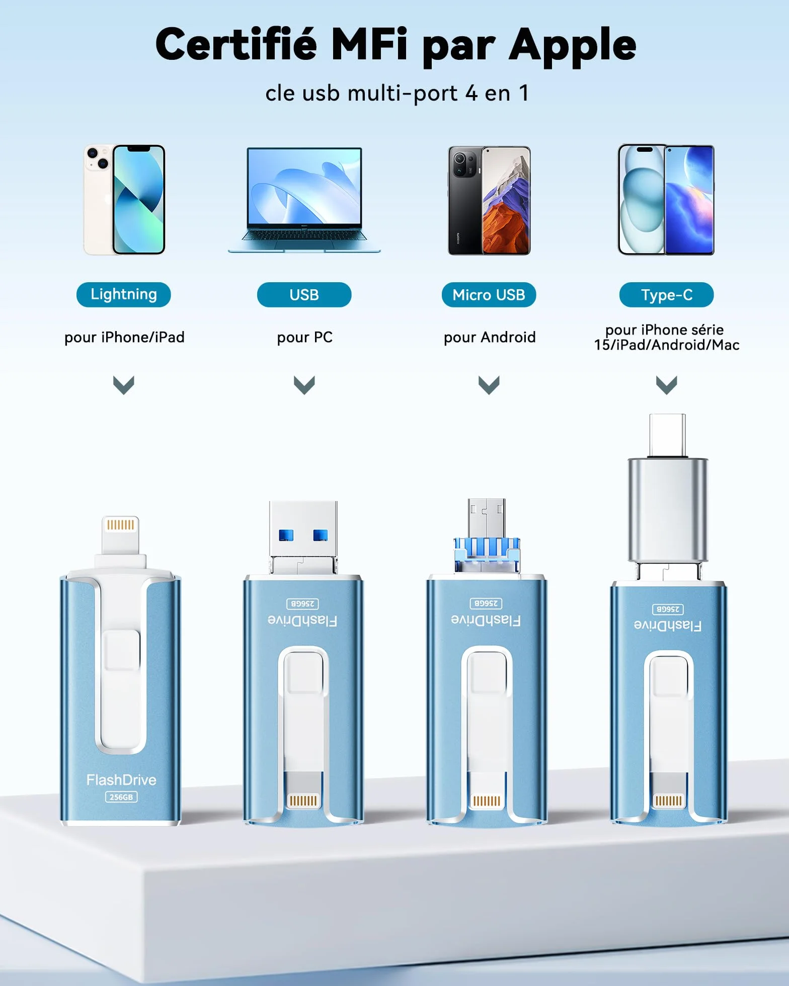 SUDEHO Clé USB iPhone MFI Certifié 256 Go 4 en 1 USB C Photo Stick Mémoire Externe Bleu
