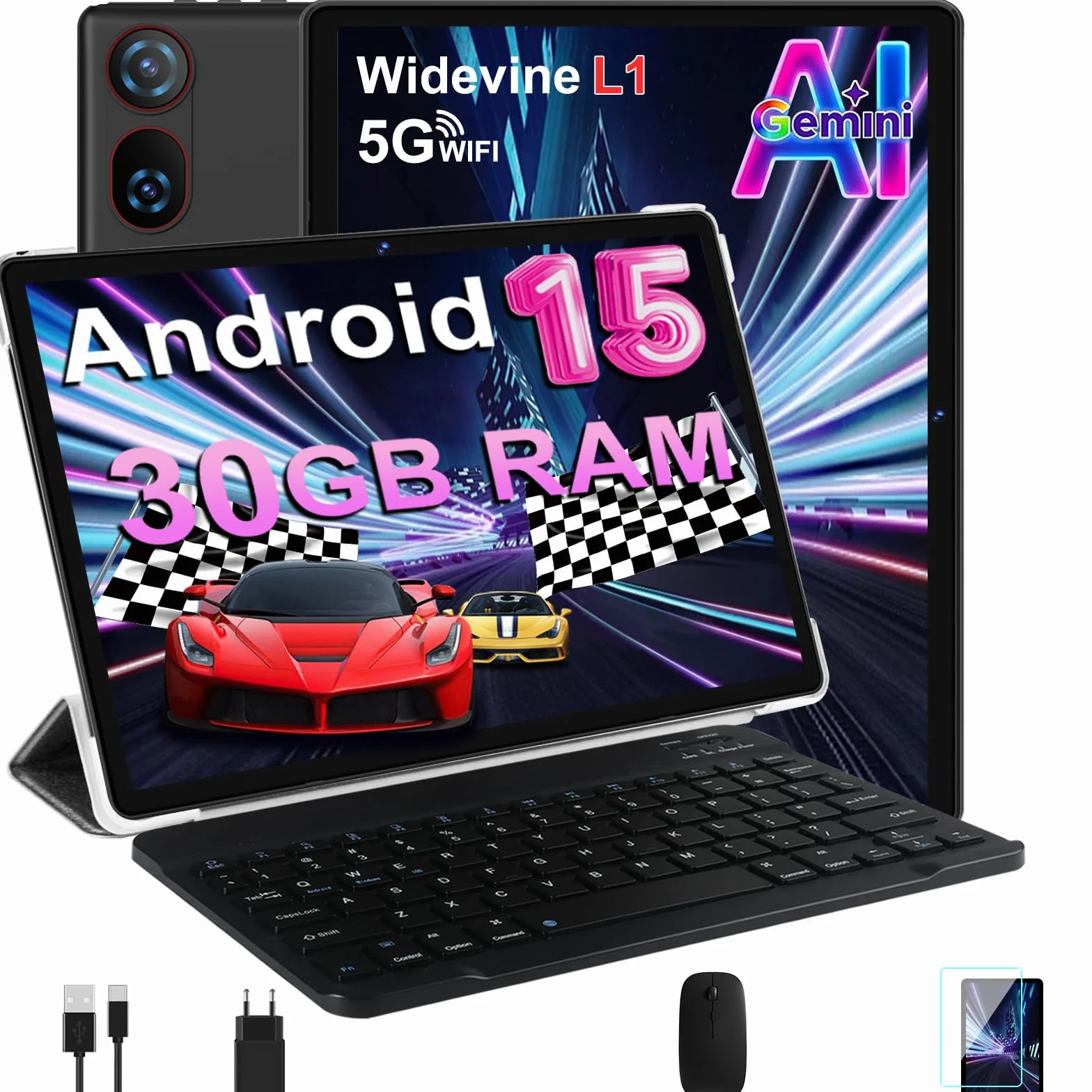 Tablette 10 Pouces Android 15 30 Go RAM 2 To ROM Expansion Widevine L1 5G Wi-Fi Gemeni AI 8 Cœurs GPS FHD Tactile Clavier Souris Noir
