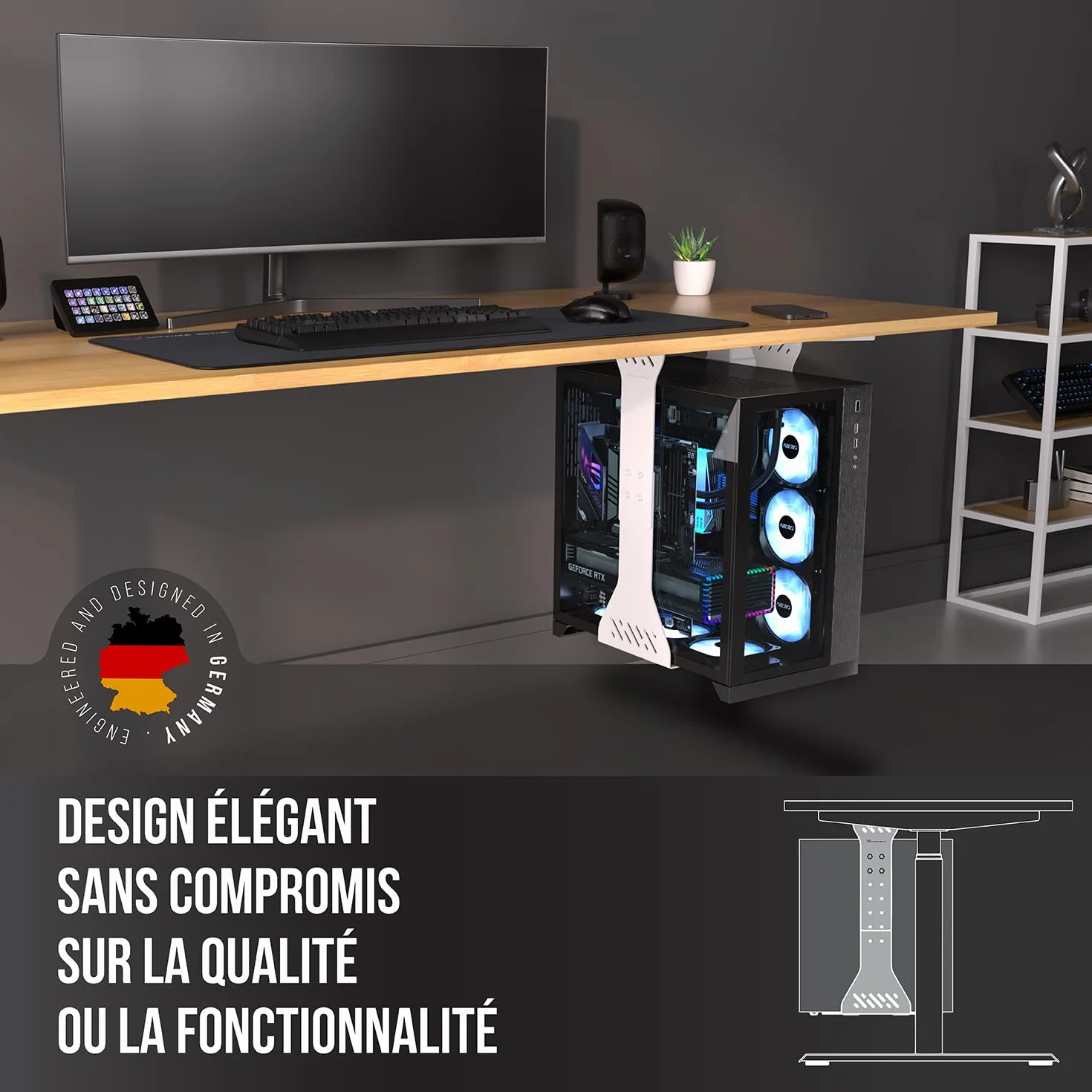 Support PC sous Bureau Charge Lourde 35 kg Fixe Adaptable Blanc