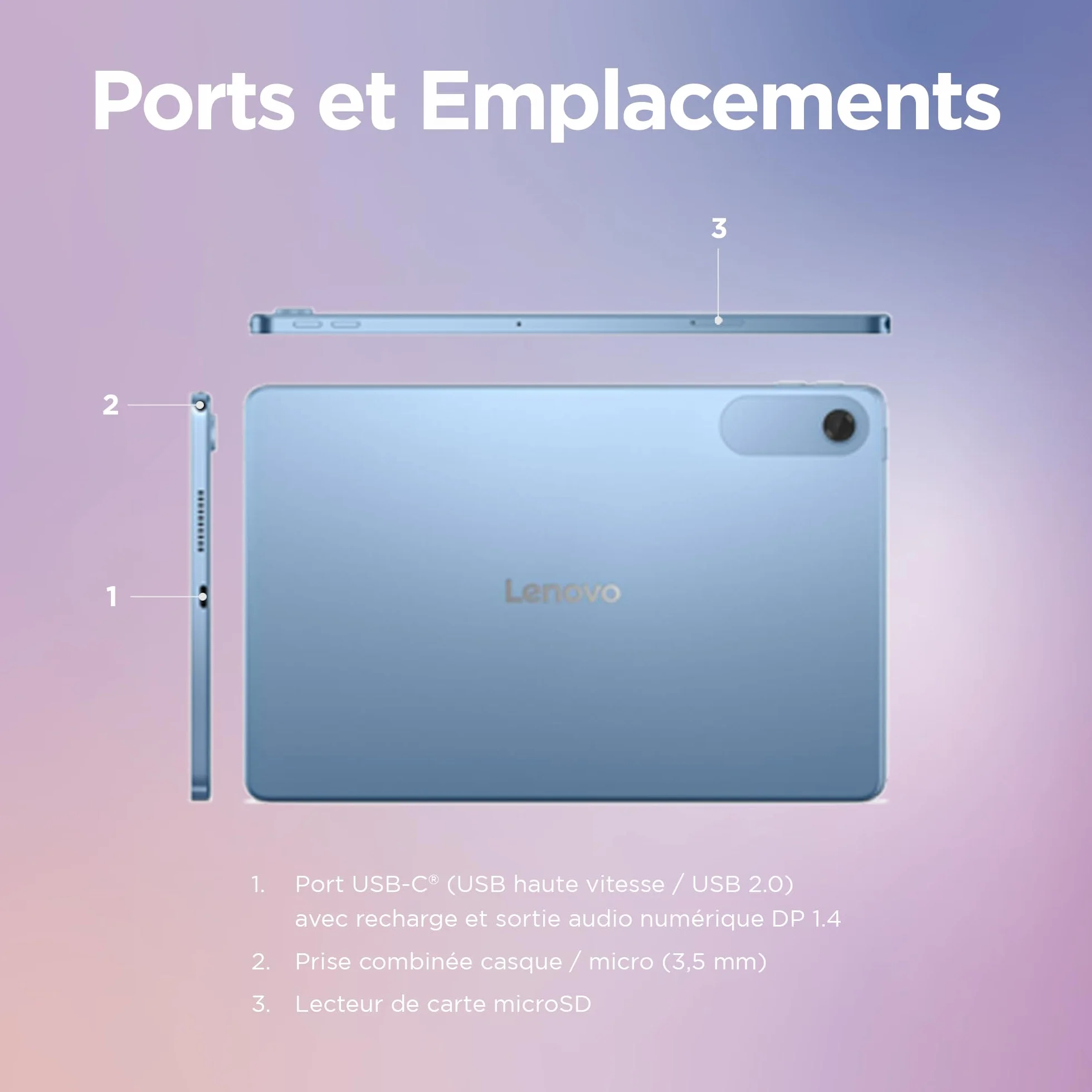Lenovo Tab 10.1" WUXGA Tablette Tactile MediaTek Helio G85 8 Cœurs RAM 4Go 128Go Android 14 WiFi 5 Bluetooth Polar Blue