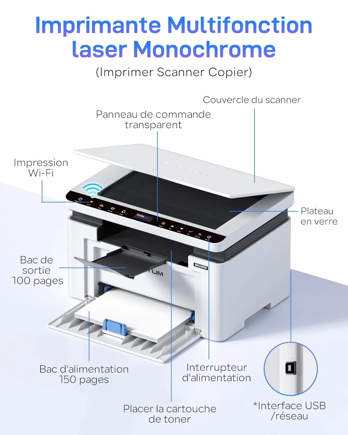 PANTUM BM2309W imprimante Laser Multifonction Noir et Blanc WiFi directe