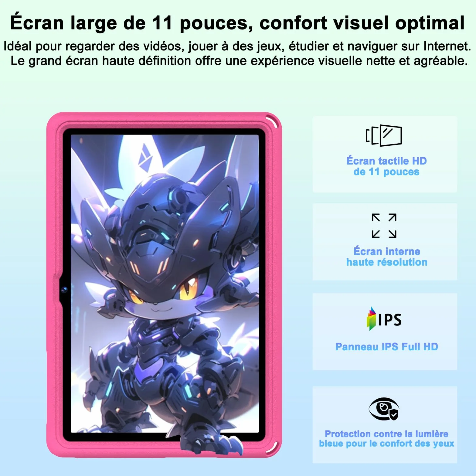Tablette Android 15 pour enfants 11 Pouces 24Go+256Go/2To Octa-Core Gemini AI Widevine L1 8000 mAh 13MP+5MP EVA Silicone Étui Protection Boîtier Métallique Rose