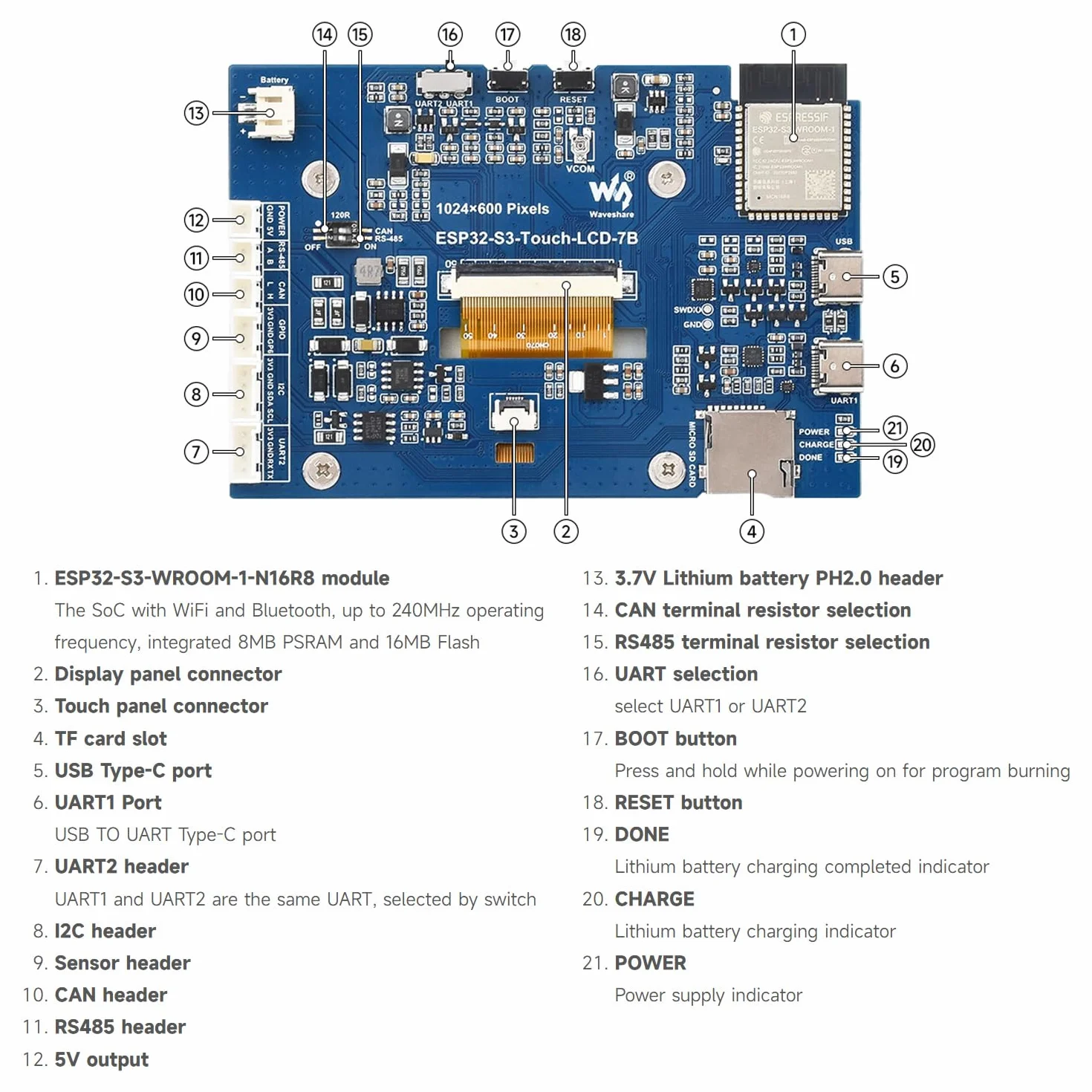 Waveshare ESP32-S3 Display 7inch LCD Development Board 1024x600 32-bit LX7 Dual-Core 240MHz Wi-Fi BT Touch