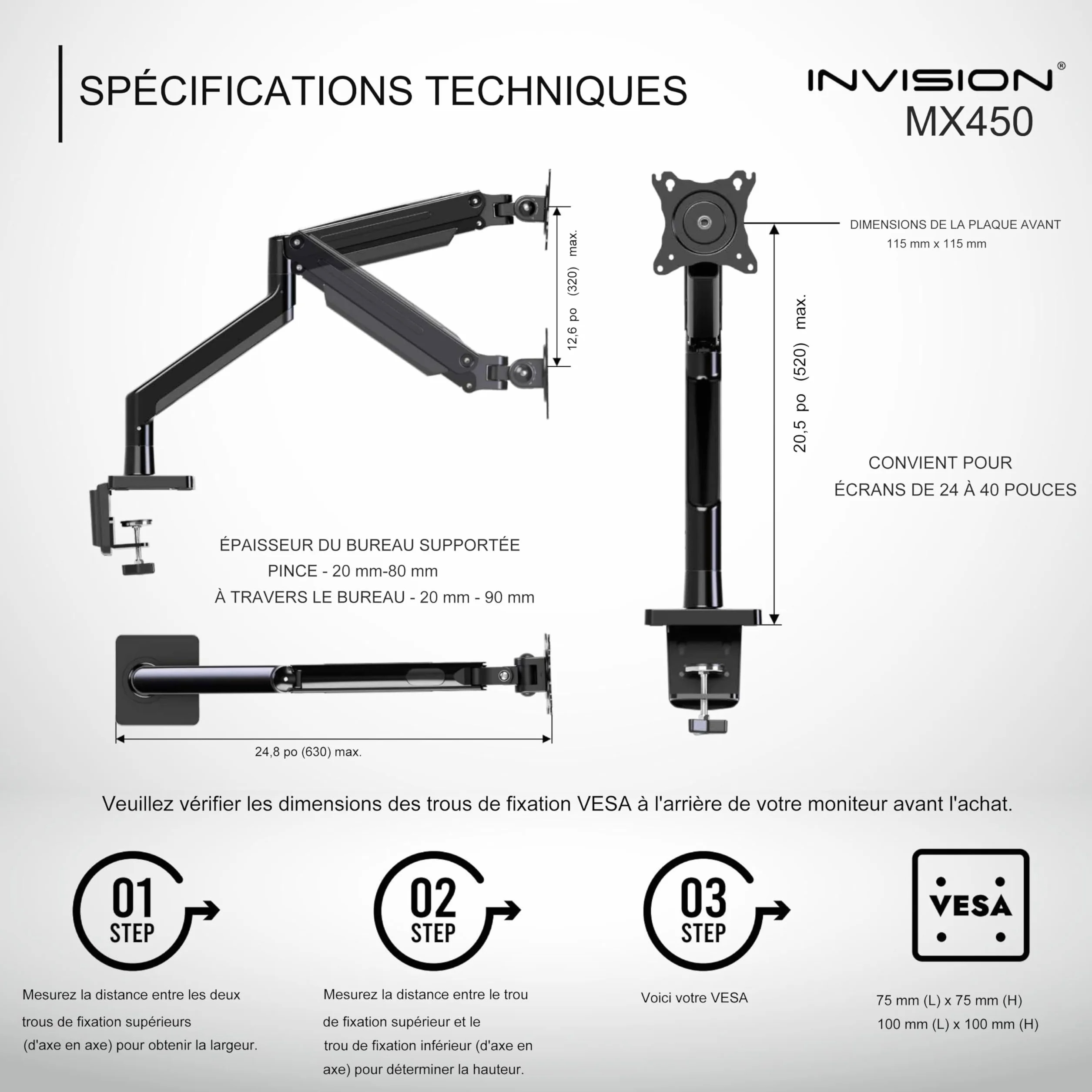 Invision Support PC Ecran Bras pour Écrans 24"-40" VESA 75/100mm Pince de Bureau Ergonomique MX450