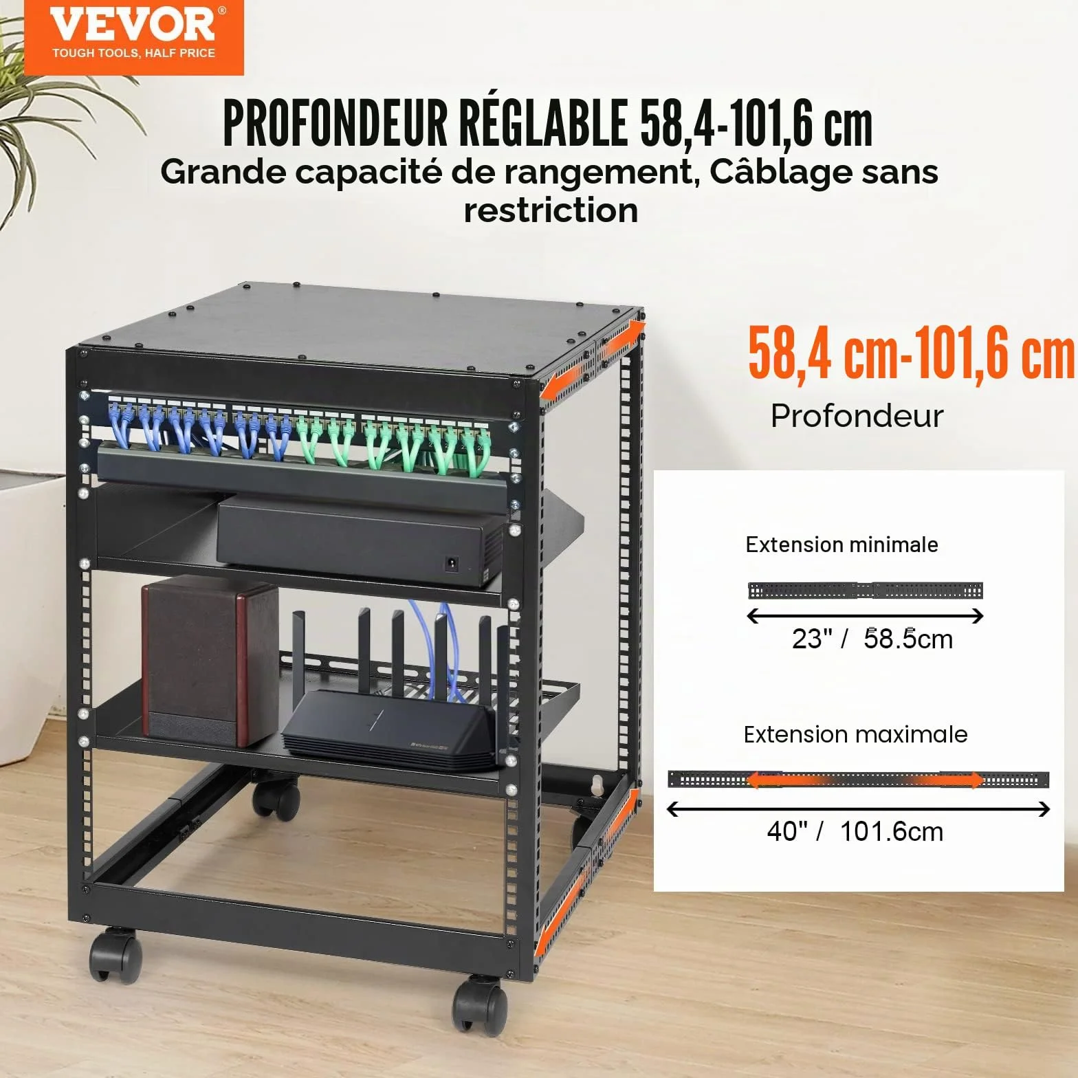 VEVOR Rack de Serveur à Cadre Ouvert 12U Support Mural Profondeur Réglable 58,5-101,6 cm 4 Montants Roulettes