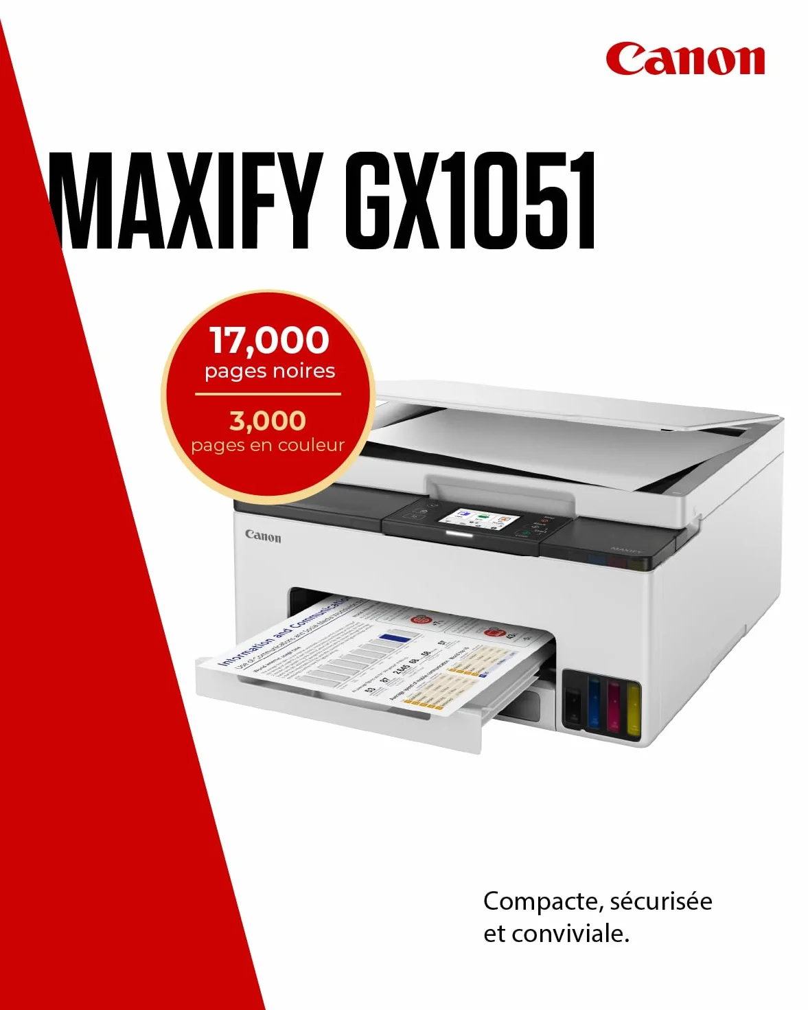 Canon MAXIFY GX1051 Imprimante A4 Couleur Jet d'encre MegaTank Tout-en-Un Wi-Fi Ethernet USB 6 Bouteilles d'encre