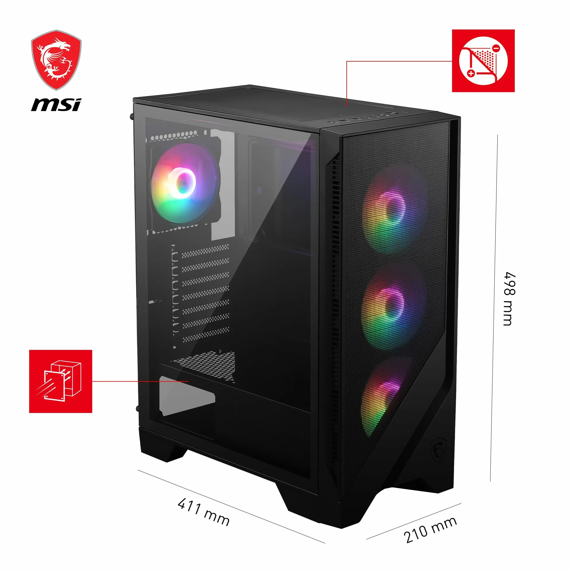 MSI MAG Forge 120A Boîtier PC Moyen Tour ATX, Micro-ATX, Mini-ITX, Verre Trempé, Façade Mesh, 6 Ventilateurs Auto-RGB 120mm