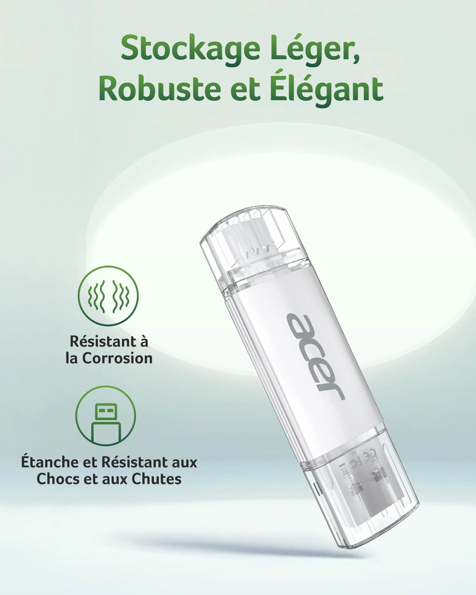 Acer Clé USB UT300 256 Go USB 3.2 Gen1 150 Mo/s Double Port Type-A & Type-C