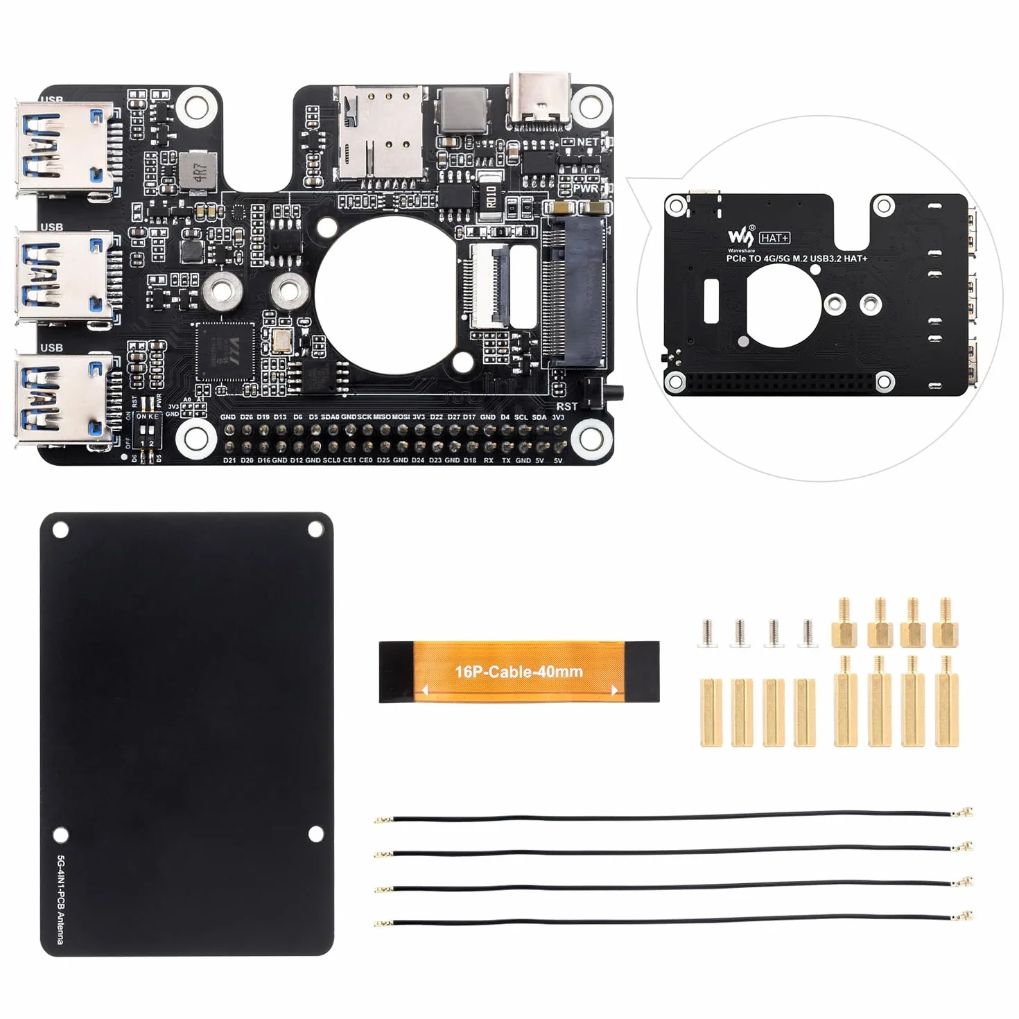 Waveshare PCIe to M.2 4G/5G USB 3.2 Hat Cellular Modem for Raspberry Pi 5