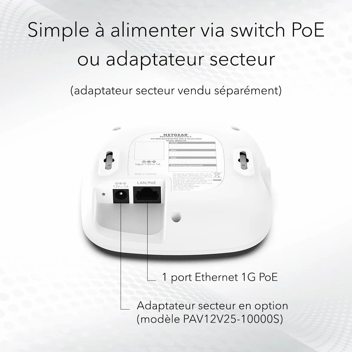 NETGEAR Point d'accès WiFi 6 WAX210 AX1800 Dual-Band PoE 1 Port Ethernet 1G 802.11ax WPA3
